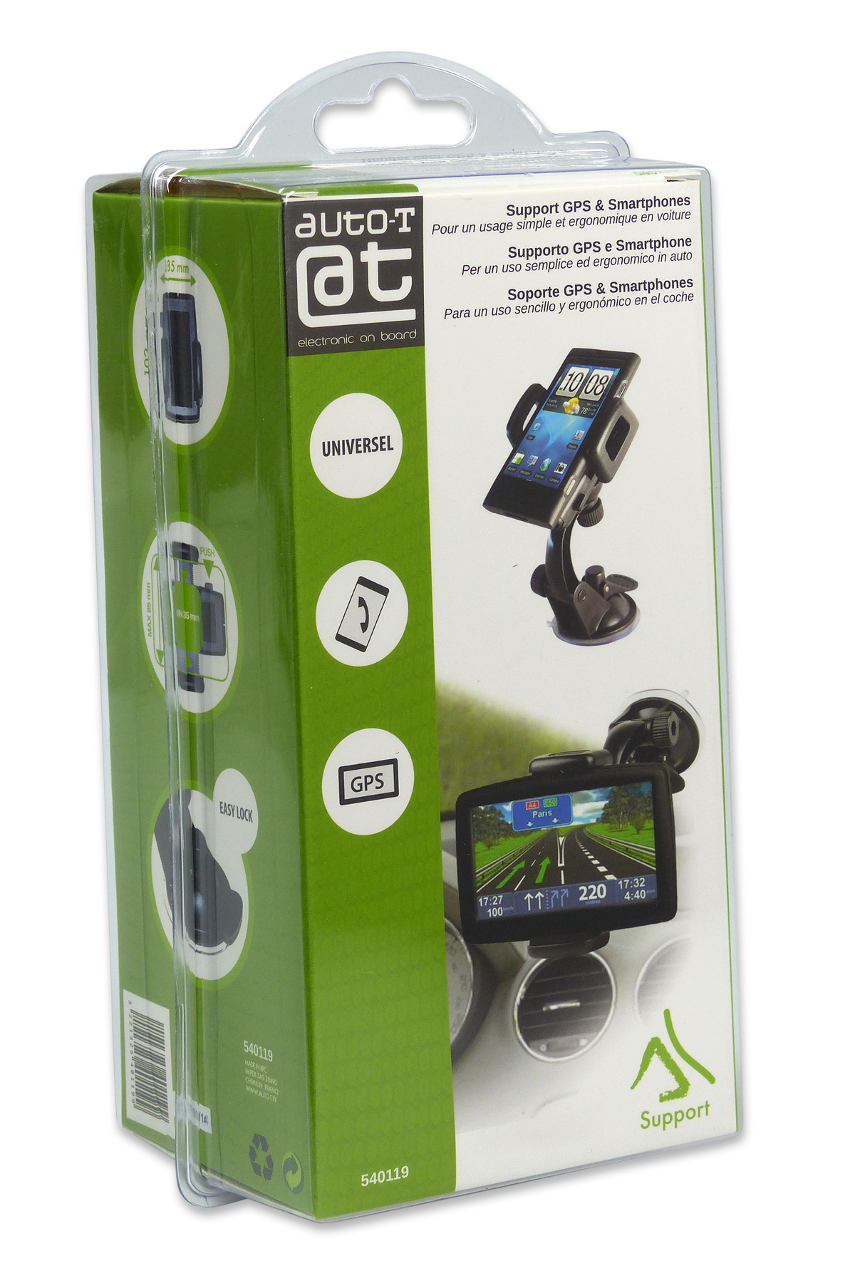 Confezione per supporti auto GPS e smartphone, con caratteristiche del prodotto.