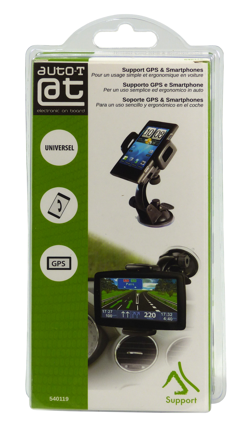 Confezione di supporti per auto per GPS e smartphone, con immagini di dispositivi.