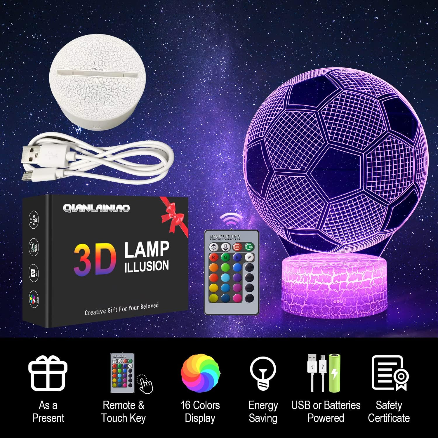 3D-Fußball-Lampe mit Fernbedienung, Kabel und Sockel auf Sternenhintergrund.