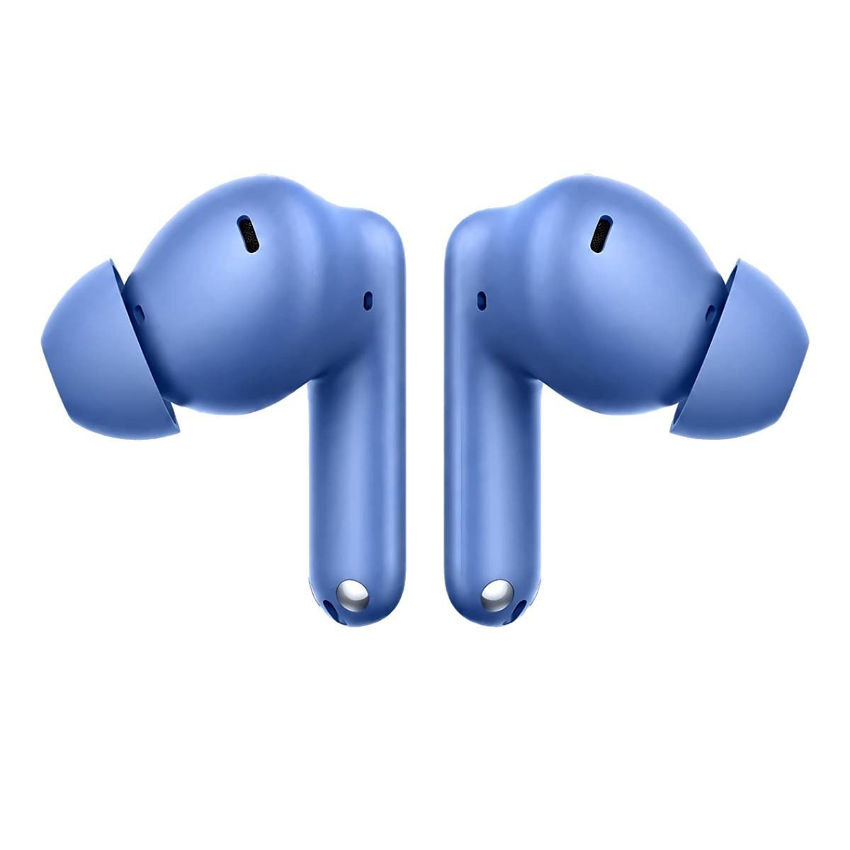 Dos auriculares inalámbricos azules con puntas blancas sobre fondo blanco.