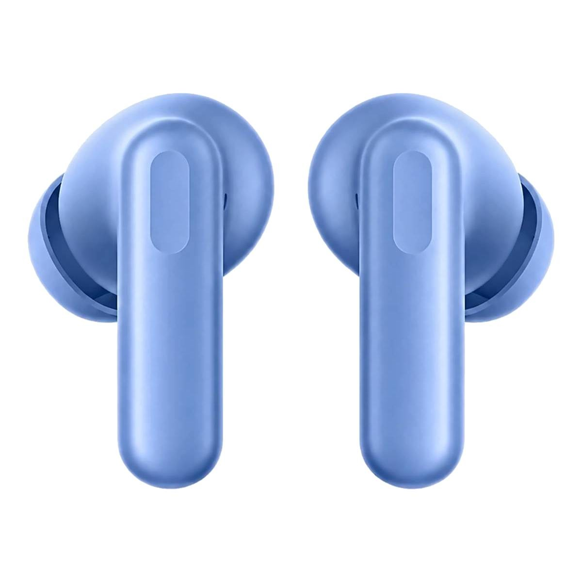 Dos auriculares inalámbricos azul claro con acabado mate se muestran sobre fondo blanco.