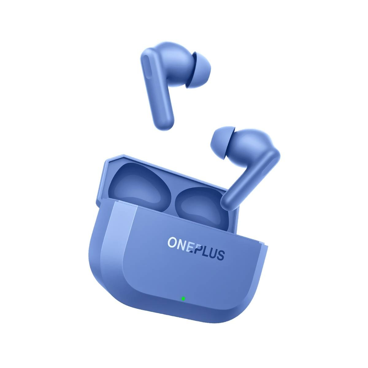 Auriculares inalámbricos azules con estuche de carga, un auricular flota.