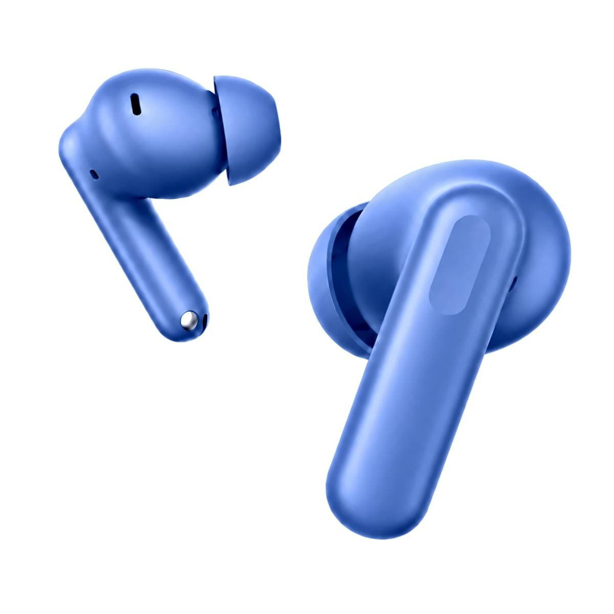Dos auriculares inalámbricos azules sobre fondo blanco, primer plano.