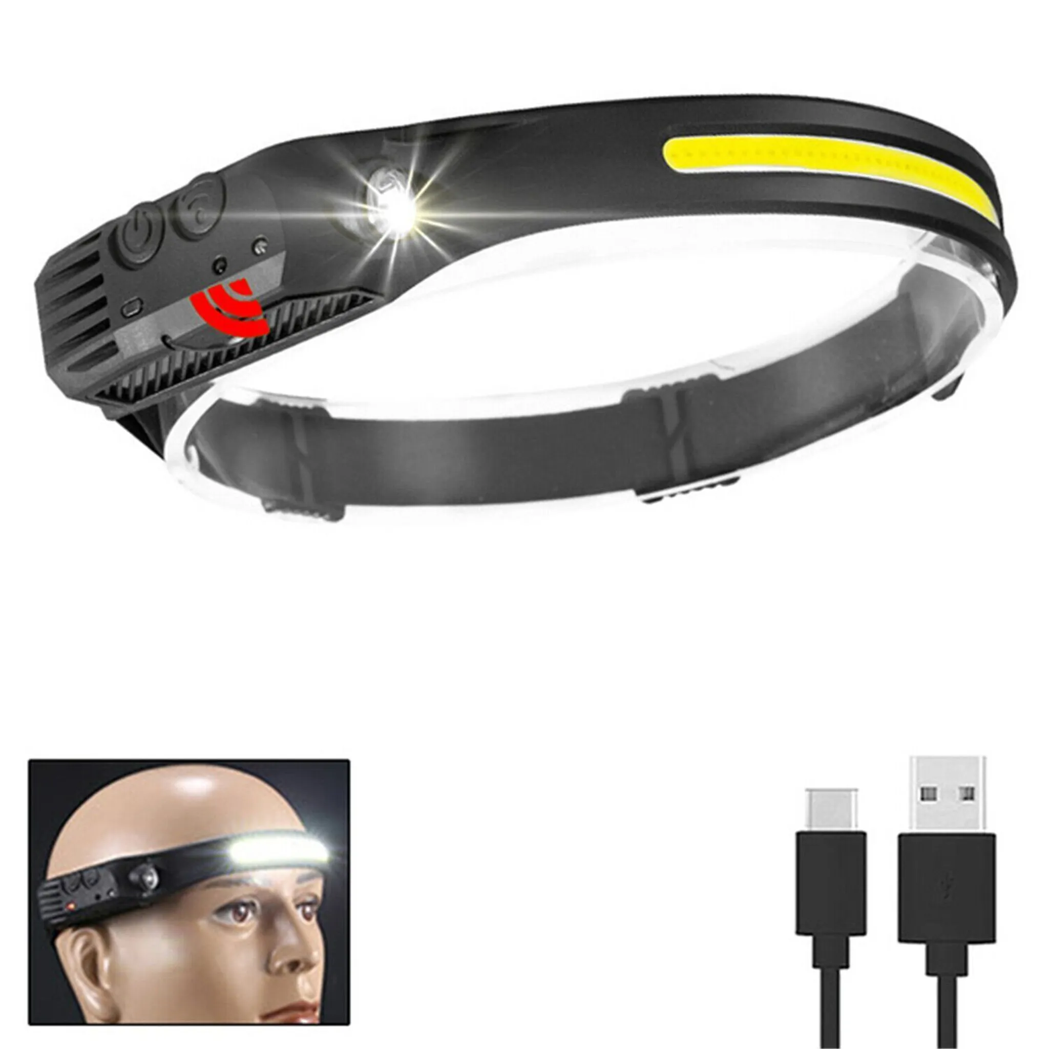 Schwarze Stirnlampe mit hellem LED-Licht, gelbem Akzent und USB-Ladekabel.