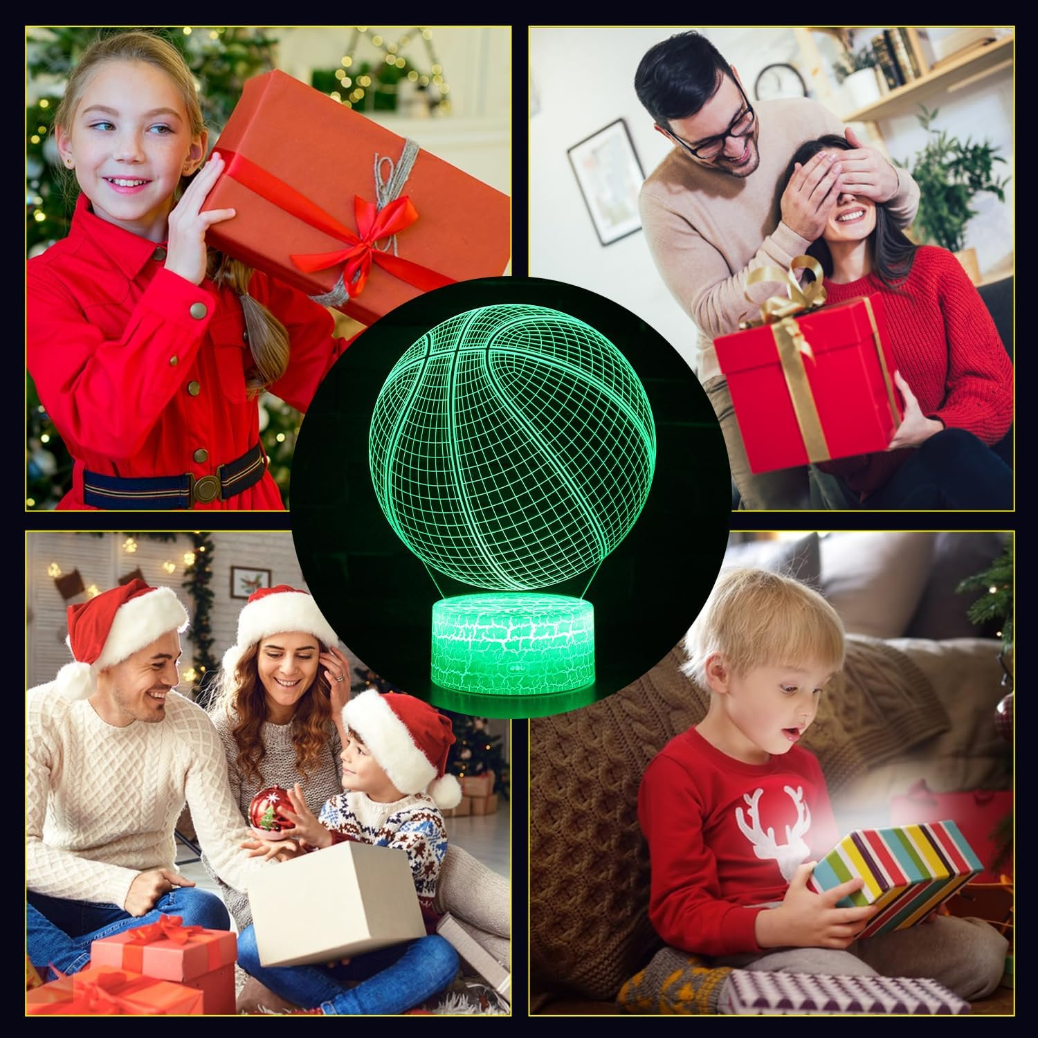 Collage von Weihnachtsszenen: Mädchen mit Geschenk, Paar mit Geschenk, Familie mit Geschenken, Kind öffnet Geschenk, Basketballlampe.