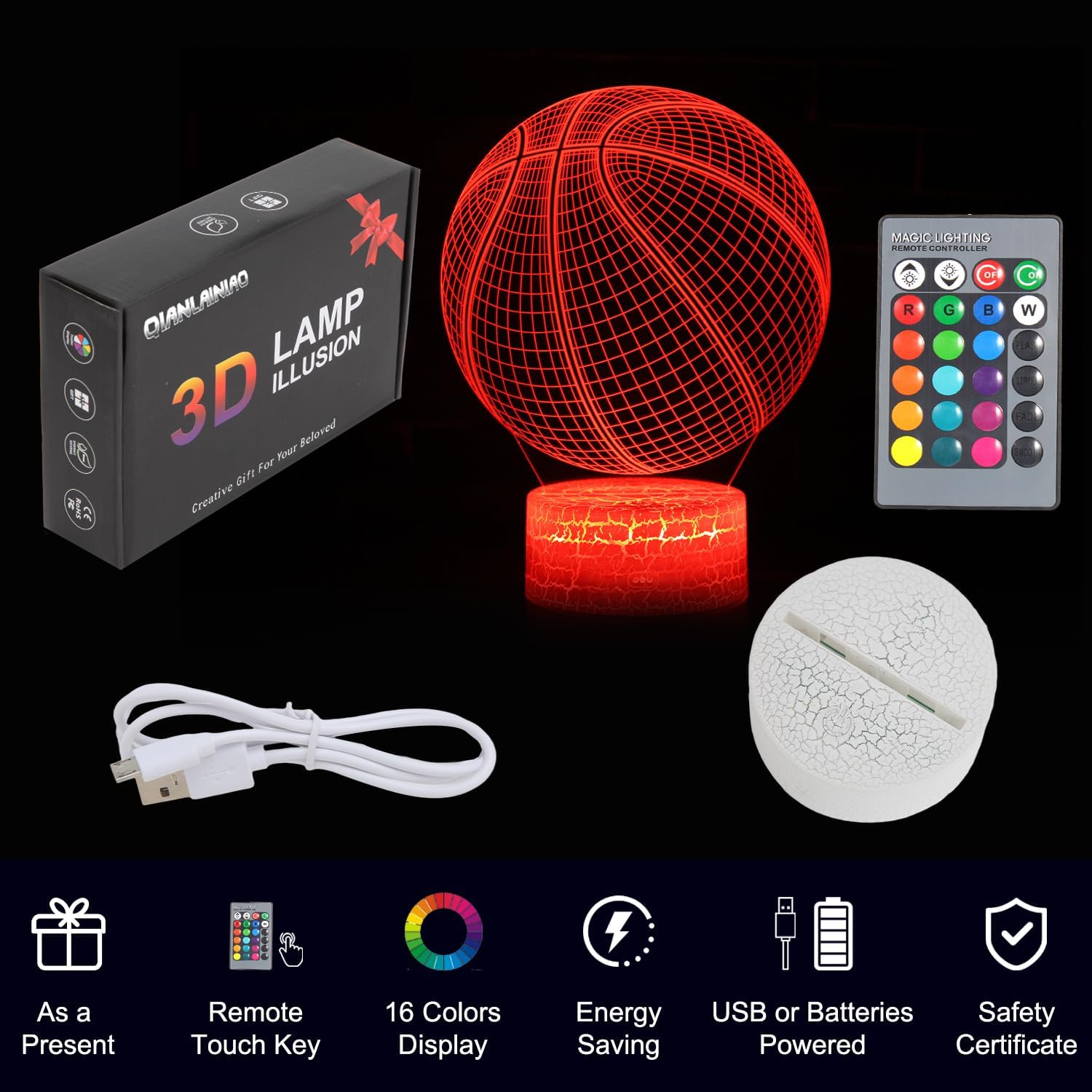 3D-Basketballlampe mit Fernbedienung, USB-Kabel und Karton. Bietet 16 Farben.