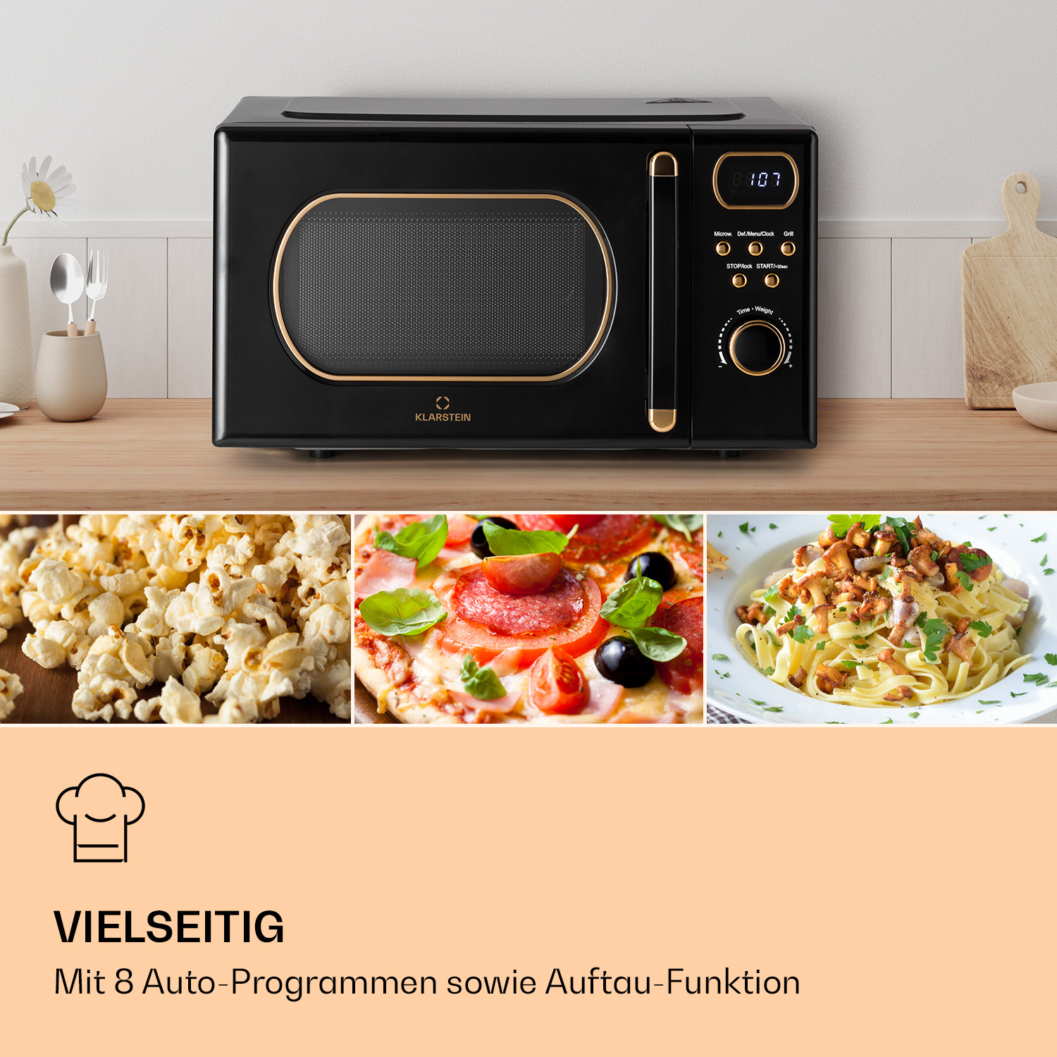 Schwarze Mikrowelle mit Zubehör, Pizza, Pasta und Popcorn. Vielseitig mit 8 Programmen.