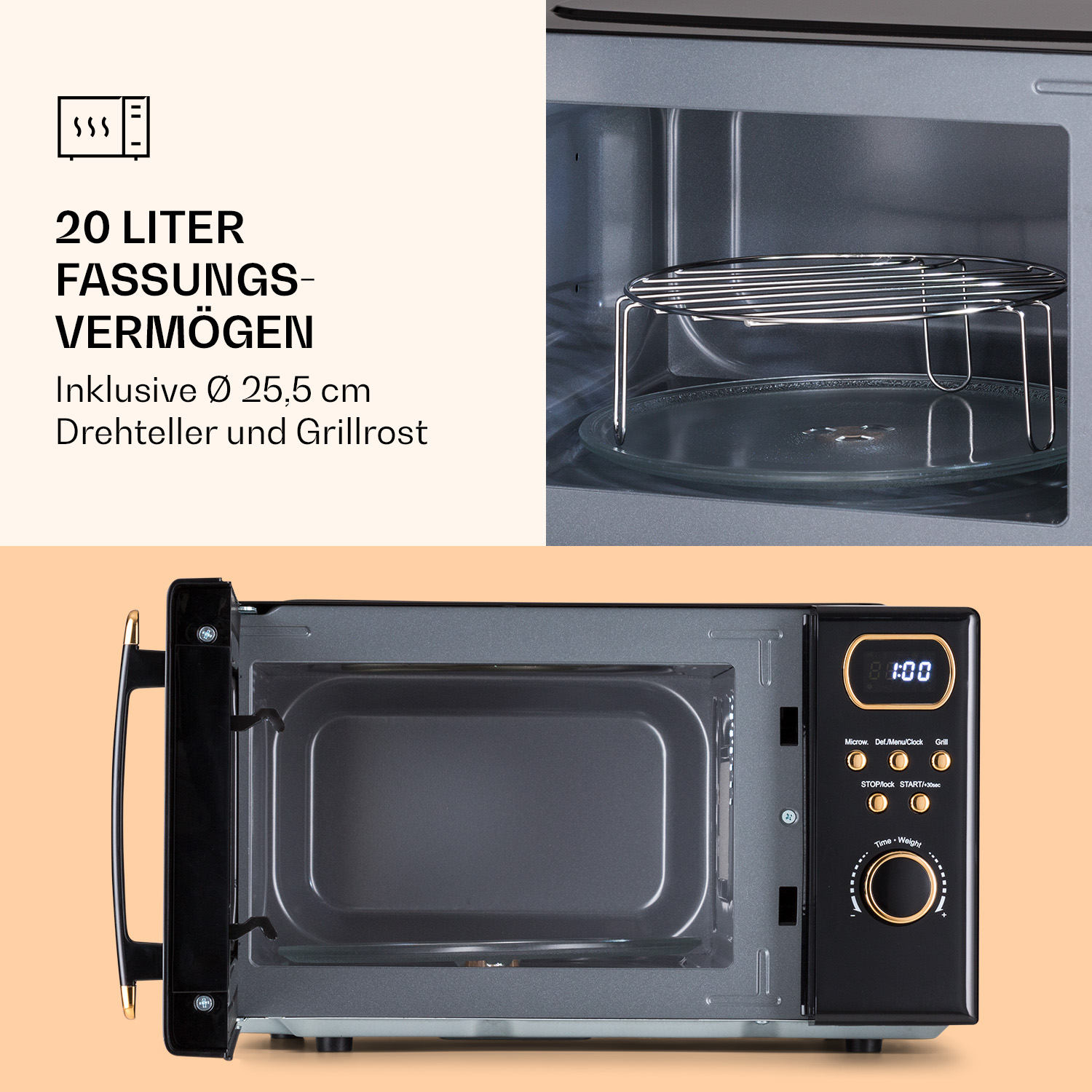 Ein offenes schwarzes Mikrowellenfach mit Drehteller und Grillrost. Text zeigt 20 Liter Kapazität.