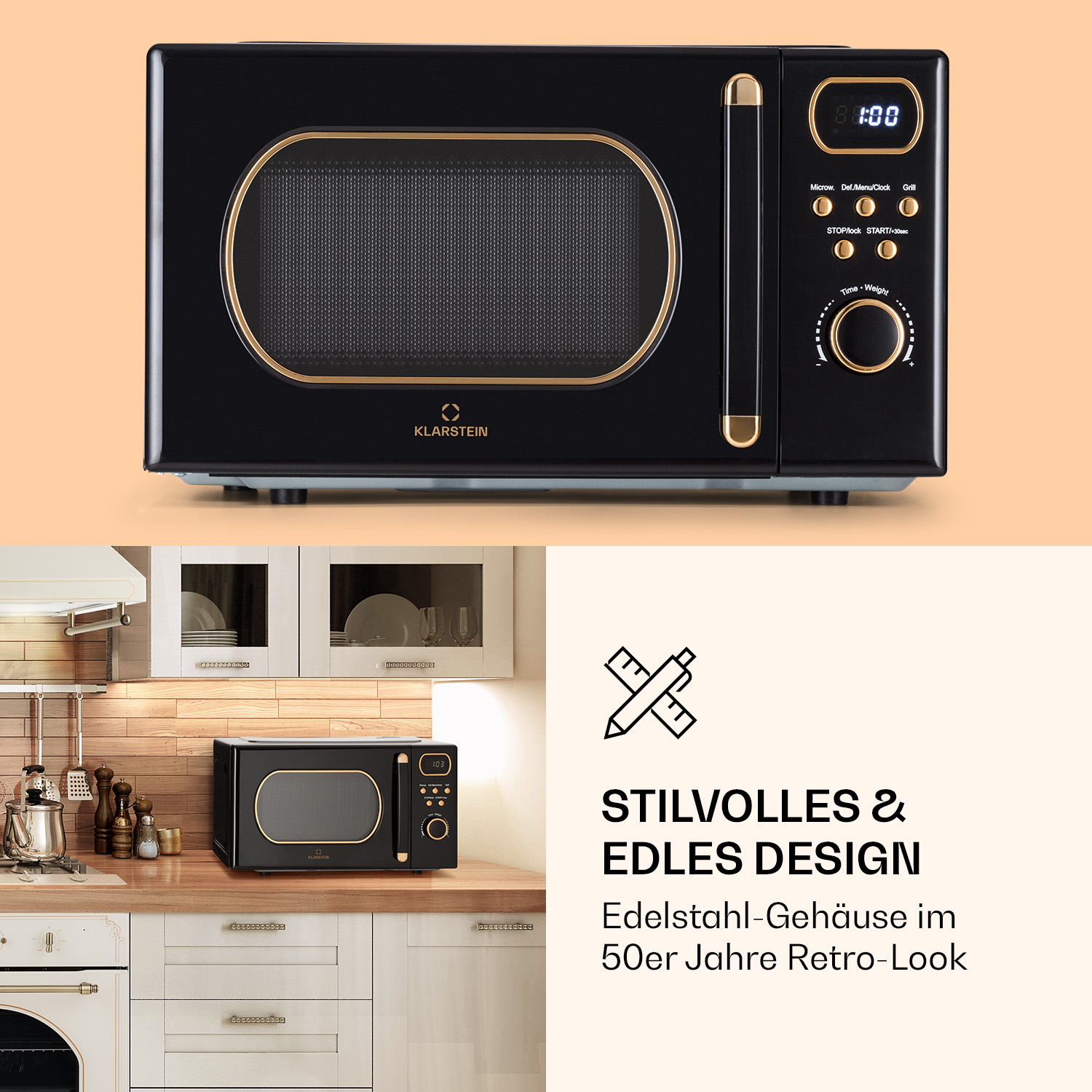 Schwarze Retro-Mikrowelle mit goldenen Akzenten auf einer Küchentheke.
