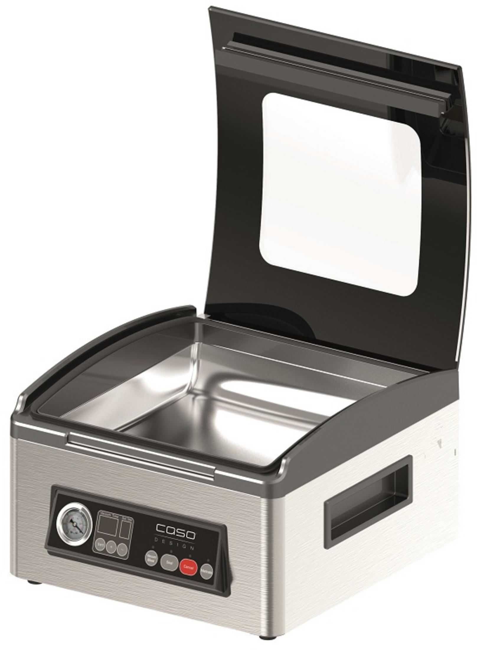 Una macchina sottovuoto argentata con coperchio aperto e pannello di controllo.