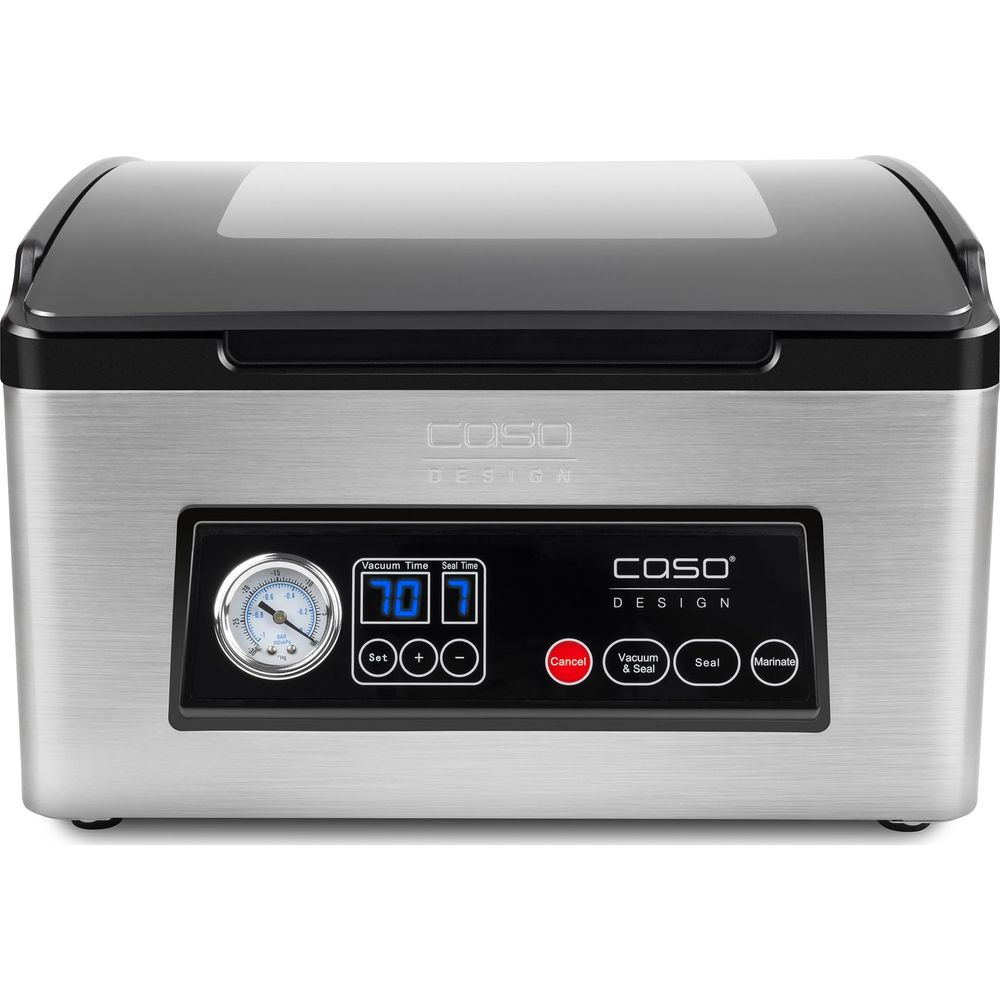 Una macchina sottovuoto argentata con coperchio nero e display digitale.