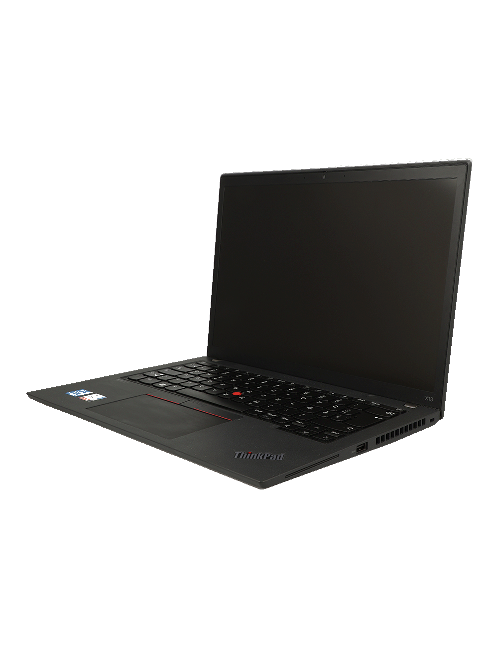 Ein schwarzer Lenovo ThinkPad Laptop ist geöffnet und zeigt einen schwarzen Bildschirm und eine Tastatur.