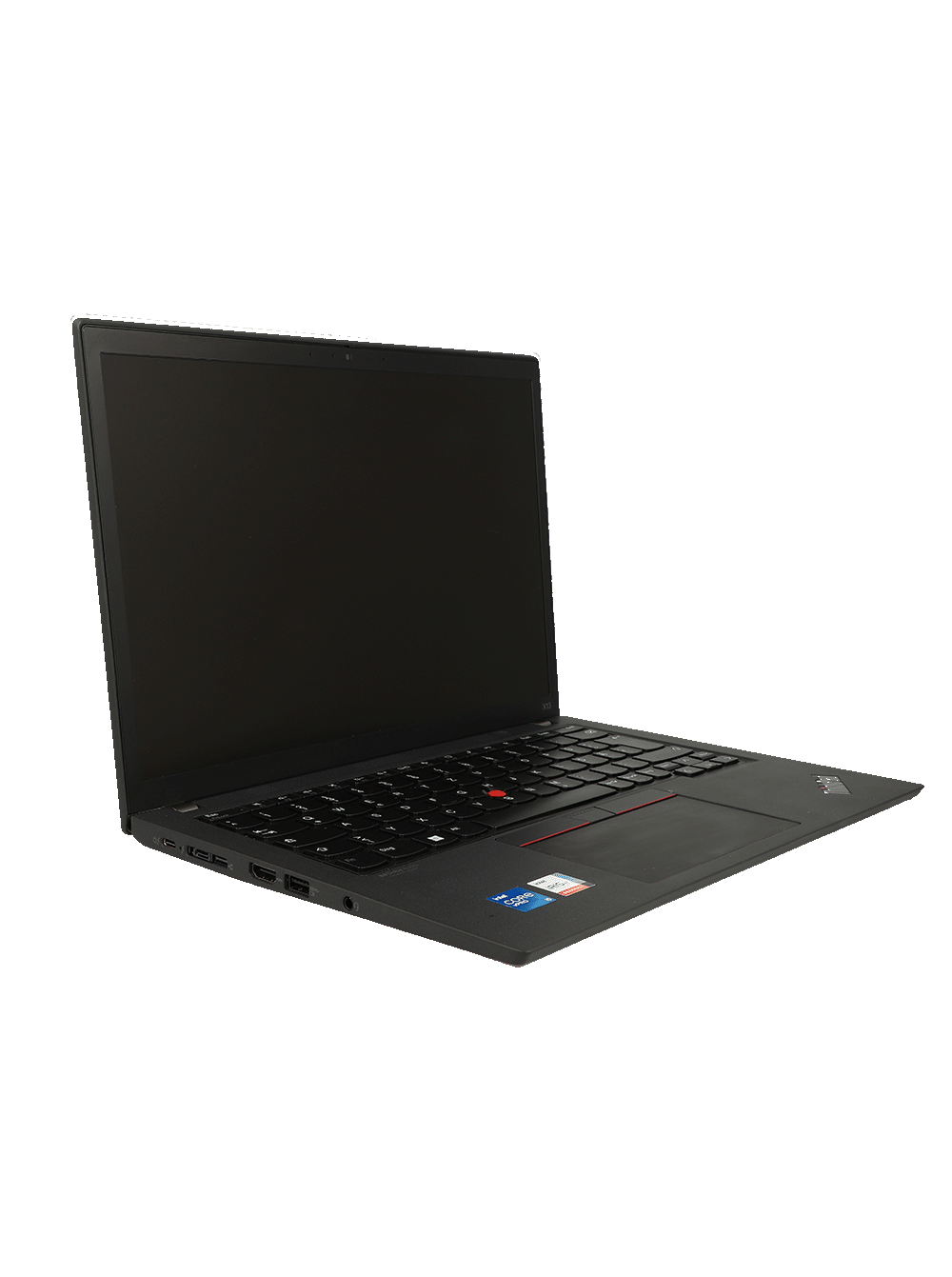 Ein geöffneter schwarzer Laptop mit beleuchteter Tastatur und Touchpad.