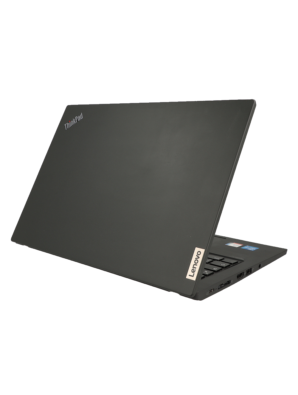 Ein geschlossener schwarzer Lenovo ThinkPad Laptop, von schräg hinten gezeigt.