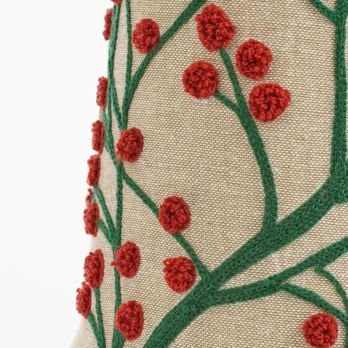 Embroidered pattern of green branches and red berries on beige fabric.