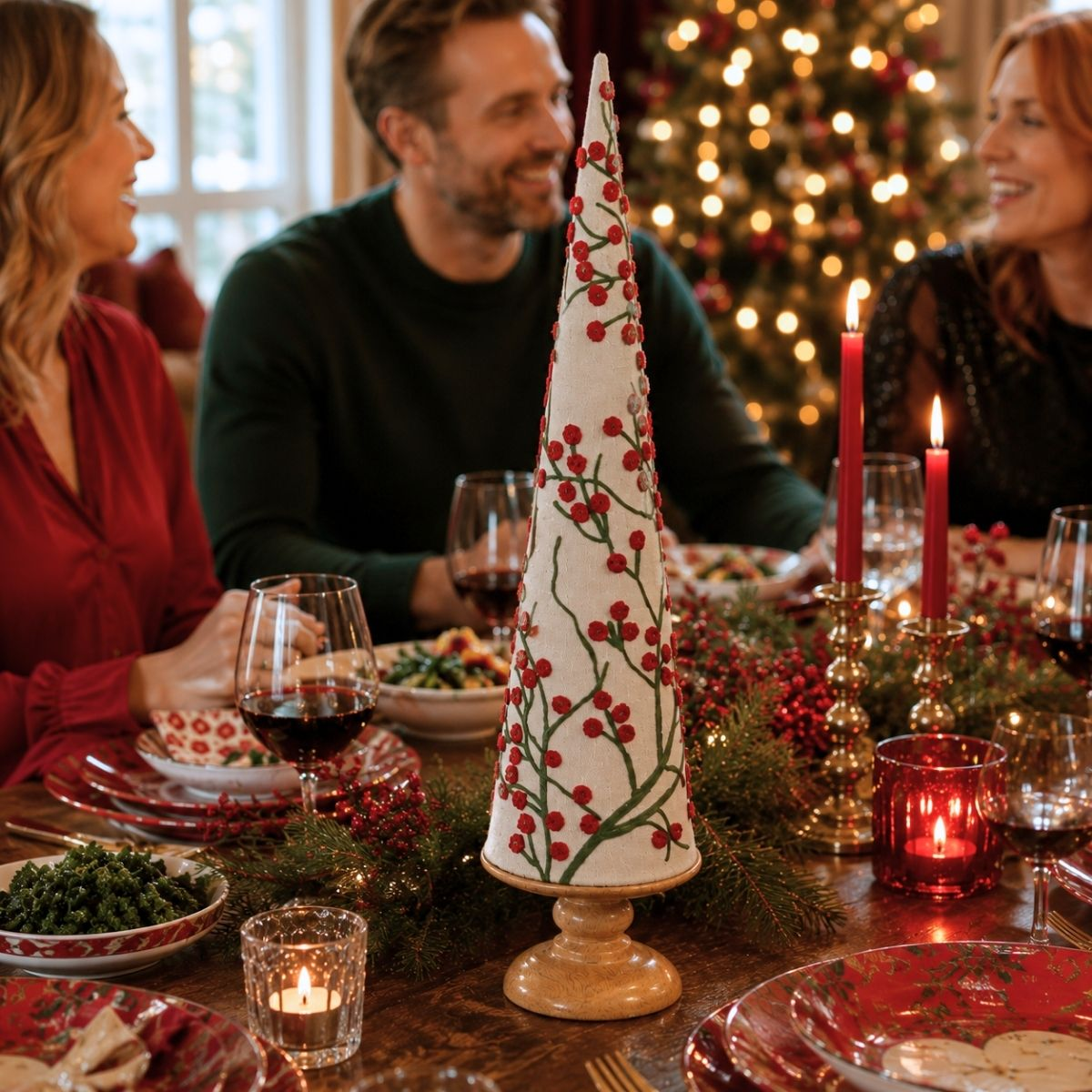 Festive table setting with people, tree decor, candles, food, and wine.