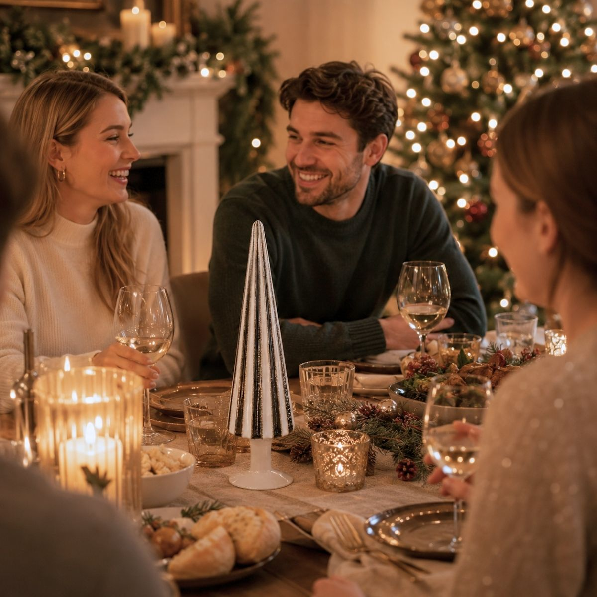 A group of people enjoy a festive holiday dinner around a table, with a Christmas tree in the background.