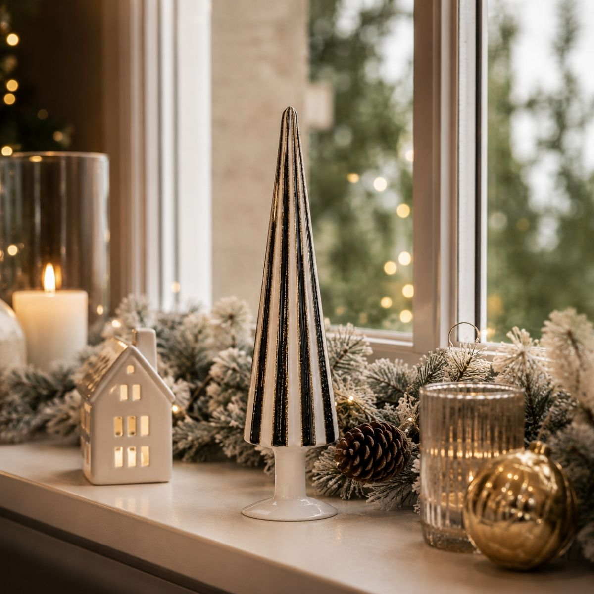 Christmas window display with ceramic house, striped tree, pinecone, bauble, candle, and fairy lights.