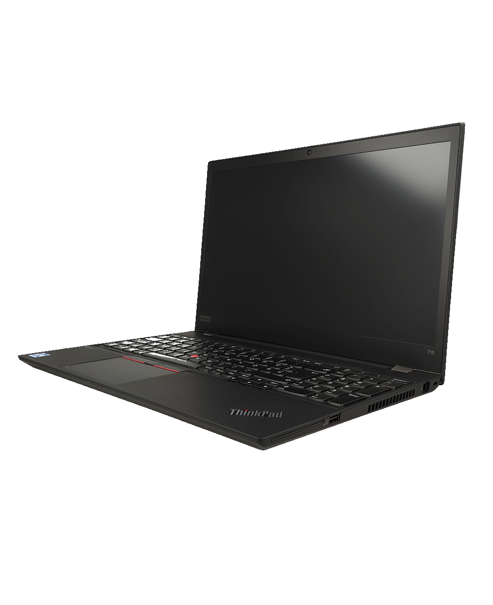 Ein schwarzer Lenovo ThinkPad T15 Laptop mit geöffnetem Bildschirm, auf weißem Hintergrund.