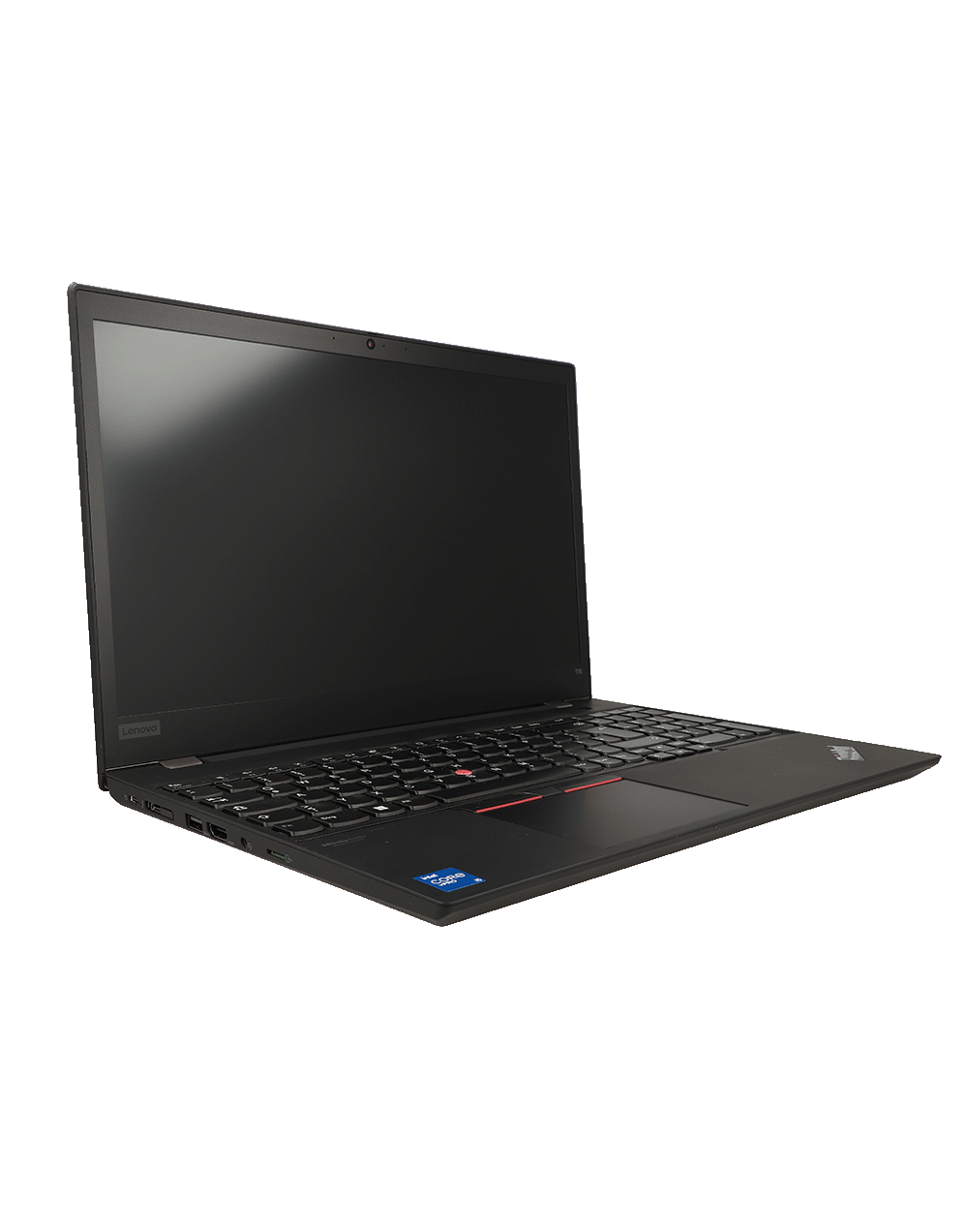 Ein geöffneter schwarzer Lenovo Laptop mit Tastatur und Bildschirm.