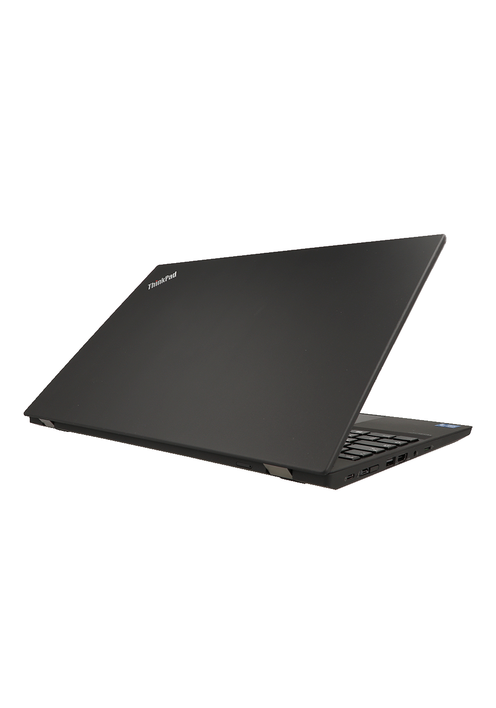 Schwarzer Laptop, teilweise geöffnet, mit ThinkPad-Logo auf der Oberseite.