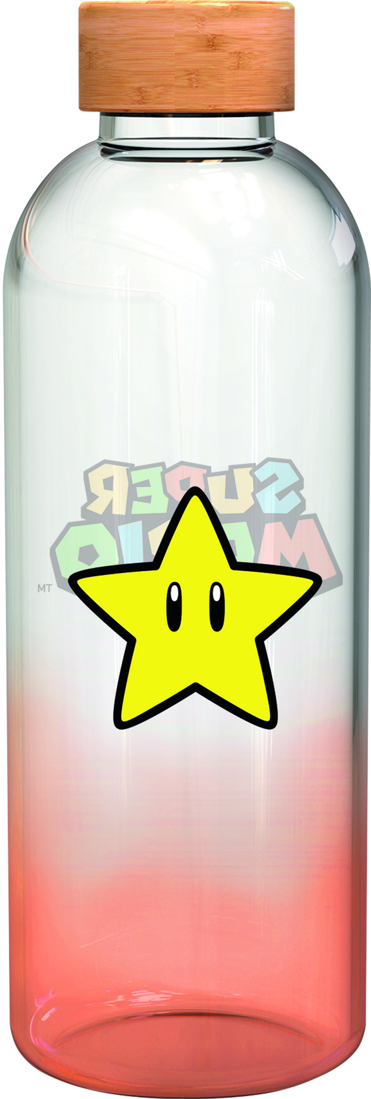 Una botella de cristal transparente con tapa de madera y pegatina de estrella Super Mario.