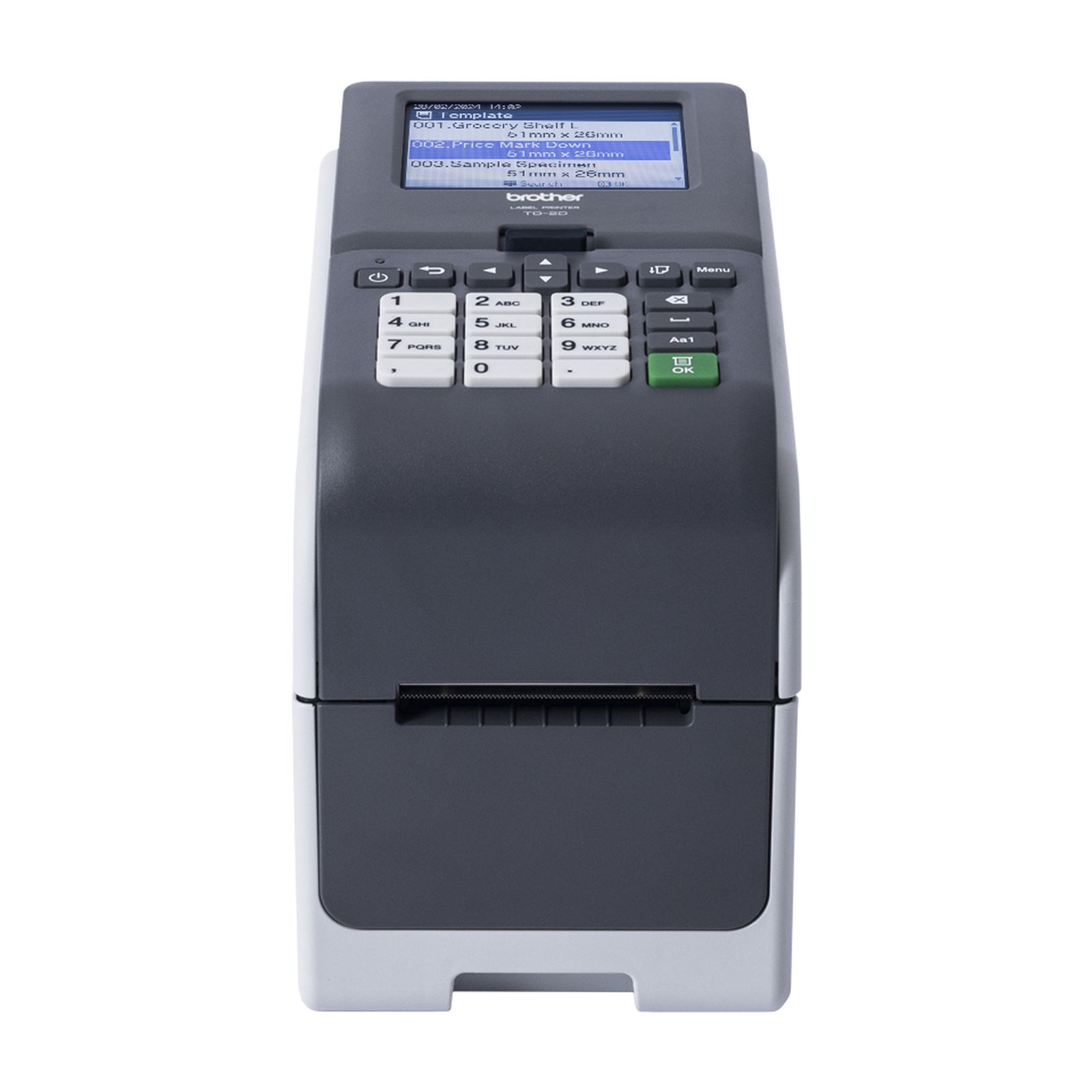 Una stampante per etichette Brother TD-6D con tastiera e schermo.