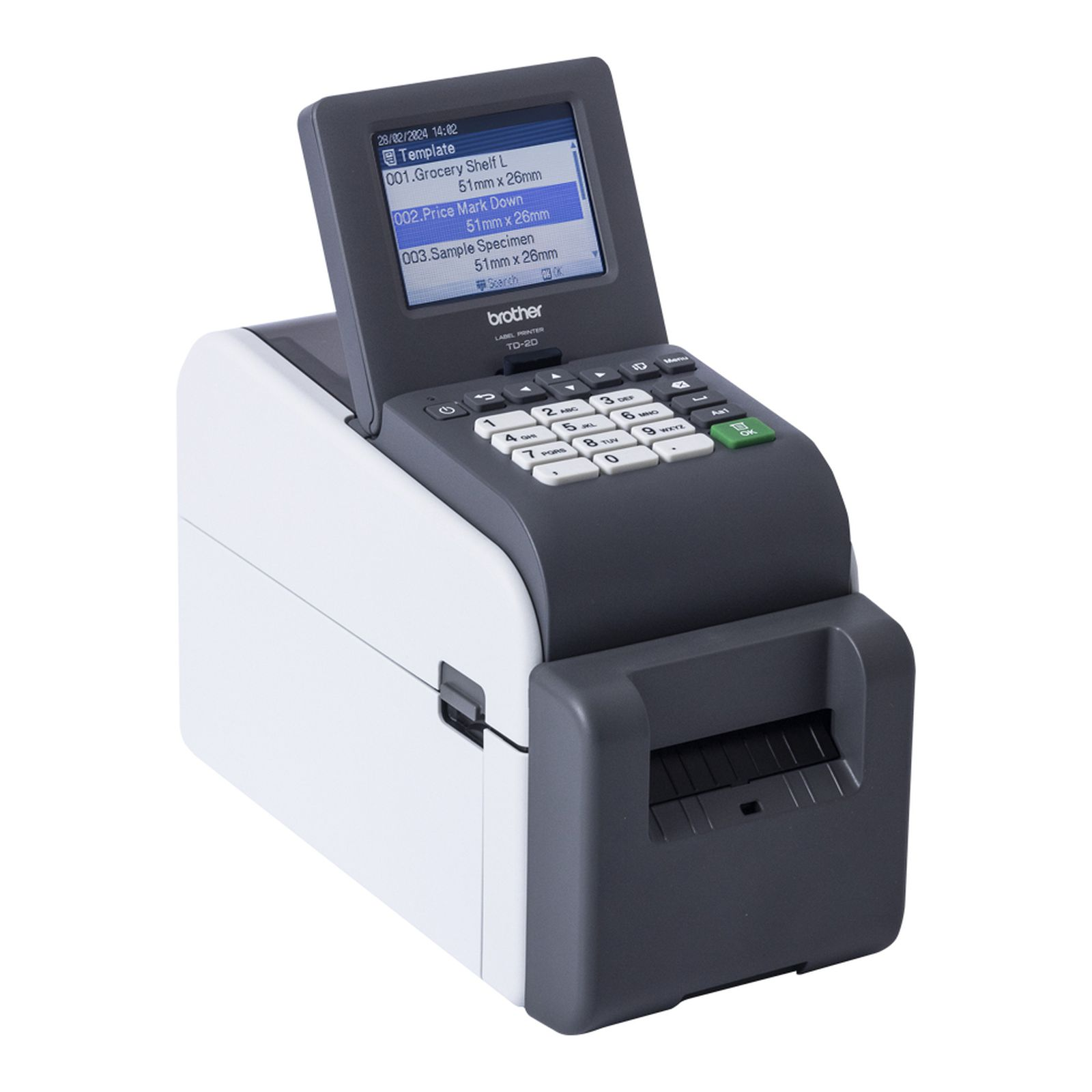 Una stampante per etichette Brother TD-2D con tastiera e schermo.