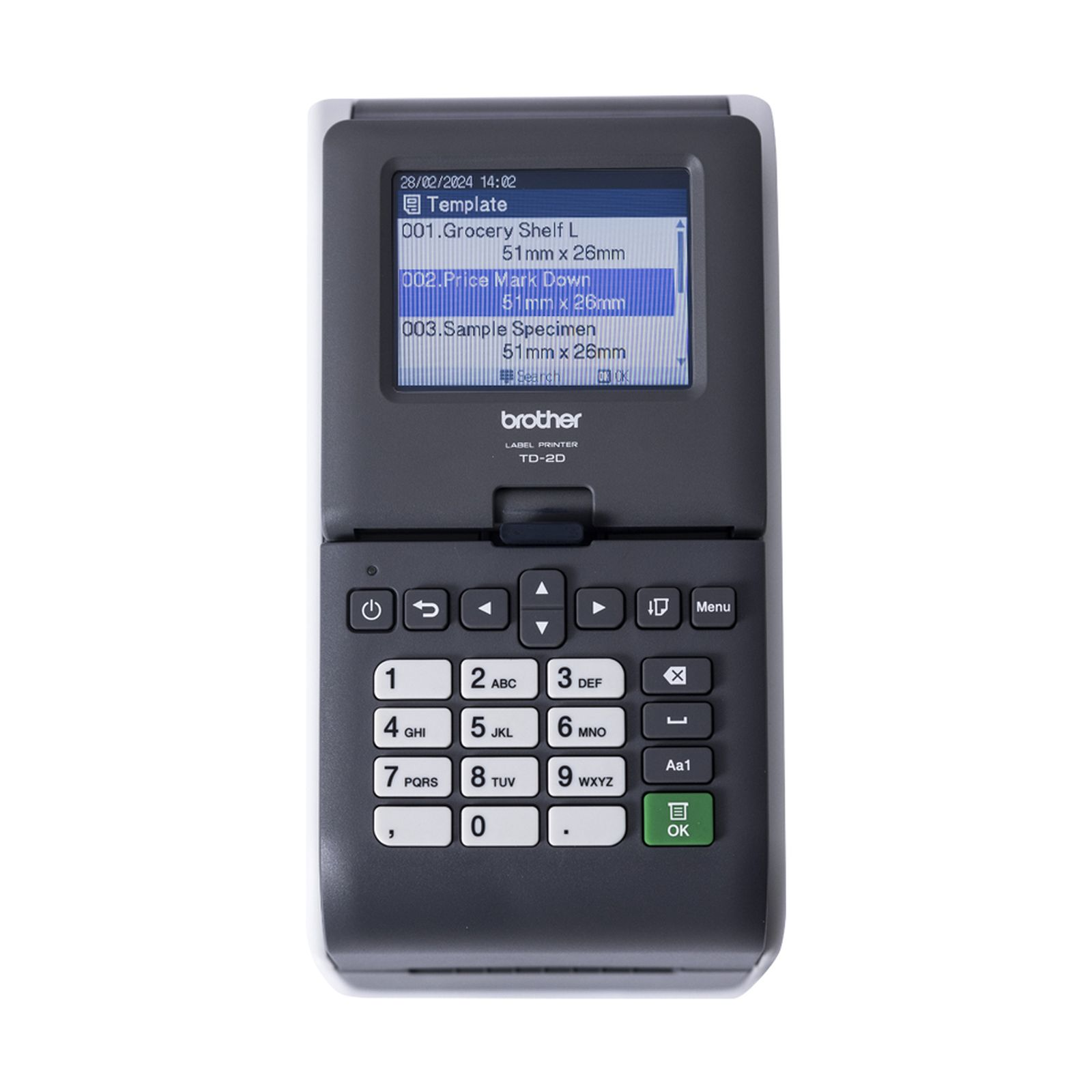 Stampante per etichette Brother TD-2D con schermo che mostra modelli e una tastiera QWERTY.