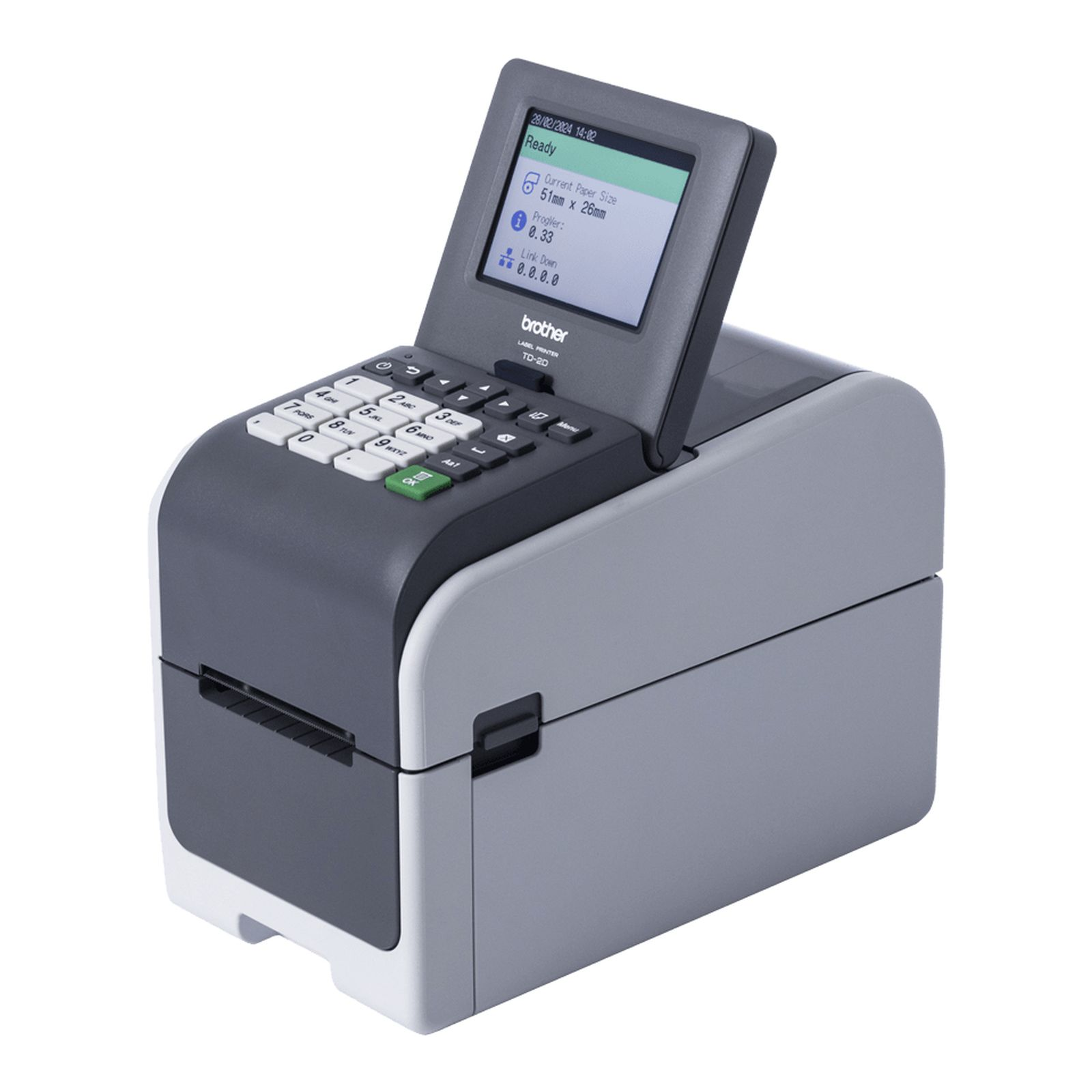 Una stampante per etichette Brother TD-2D con tastiera e display.