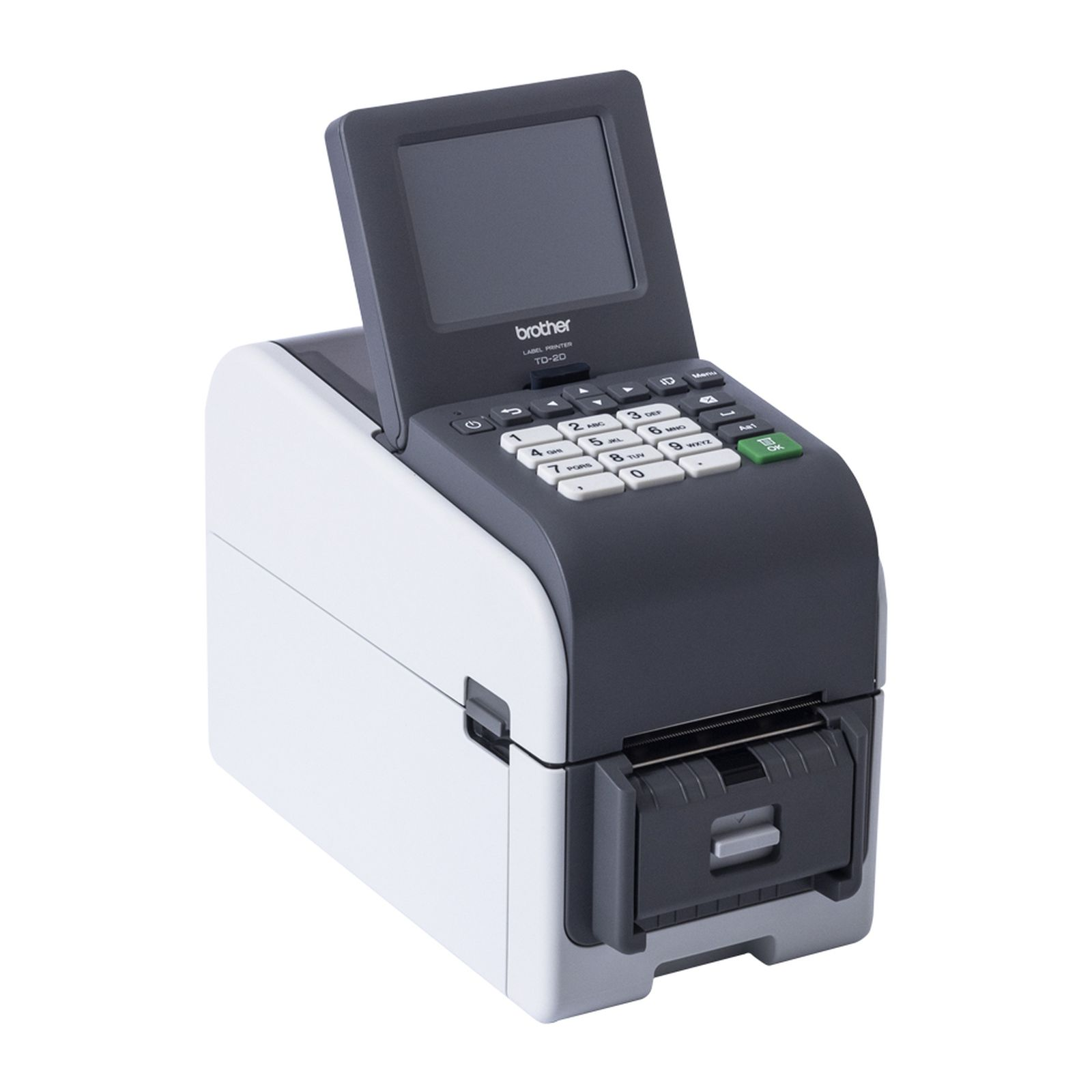 Una stampante di etichette Brother TD-2D con tastiera e schermo su sfondo bianco.