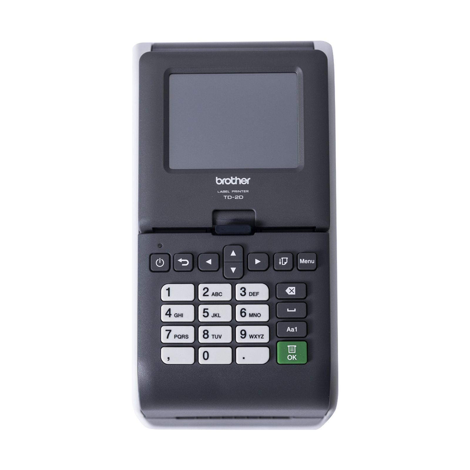 Una stampante per etichette Brother TD-2D con tastiera e schermo su sfondo bianco.