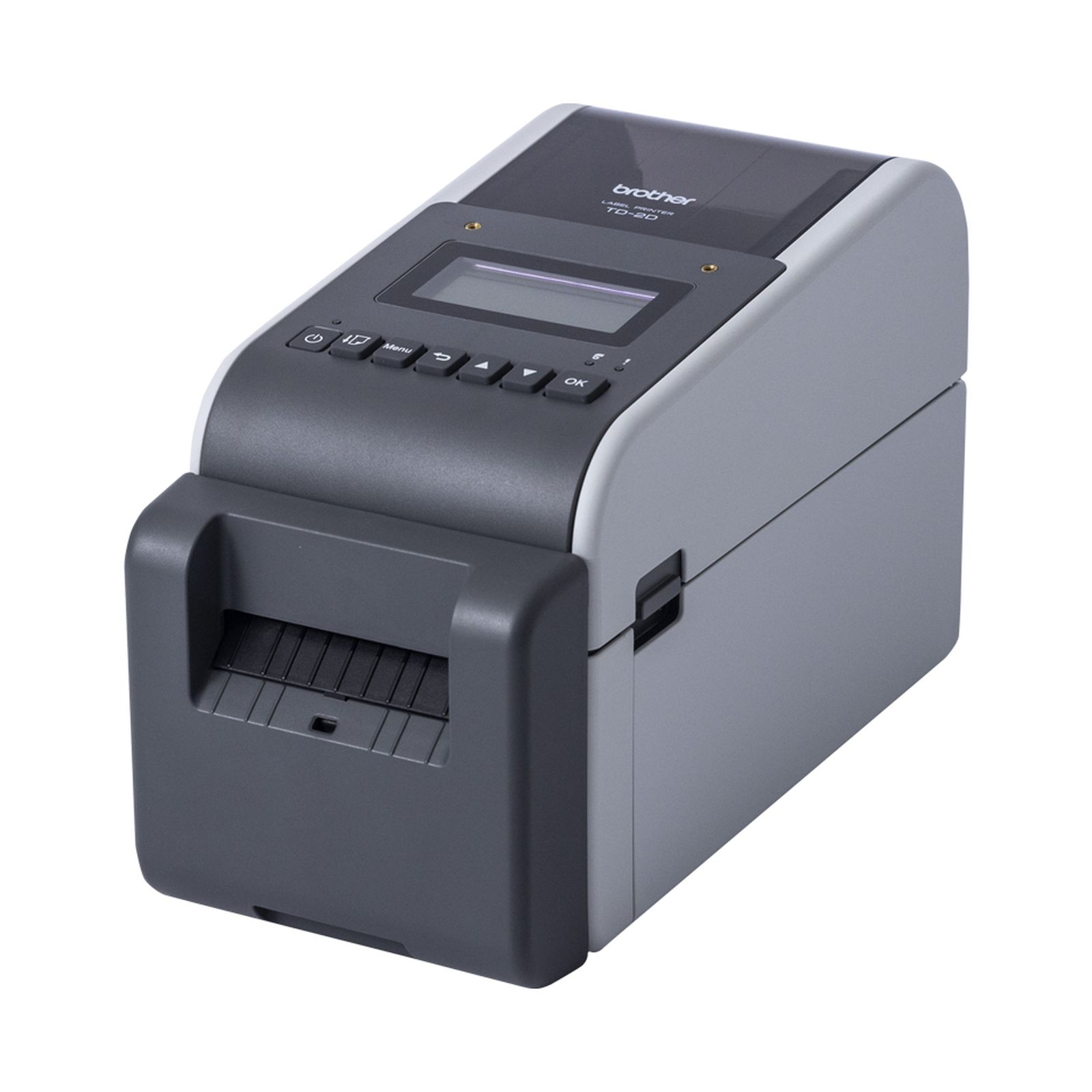 Una stampante di etichette Brother TD-20 grigia e nera.