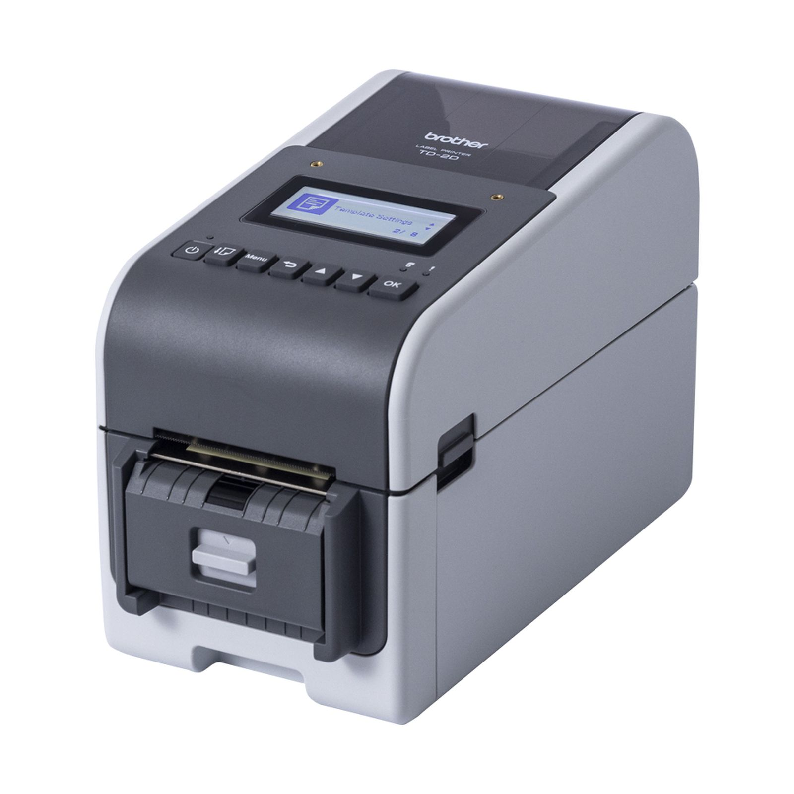 Una stampante di etichette Brother TD-20 grigia e nera con schermo che mostra 'Template Settings'.