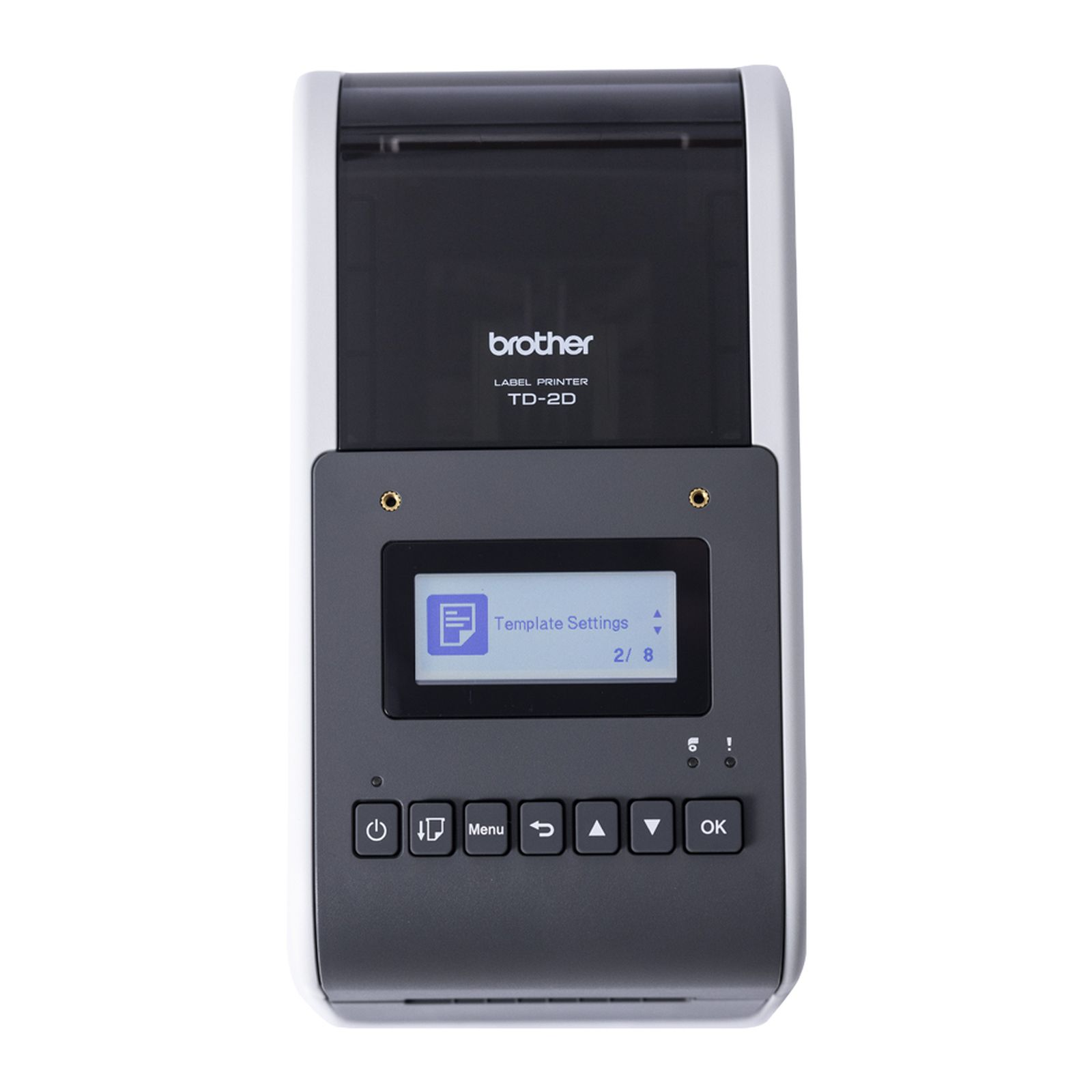Una stampante per etichette Brother TD-2D con schermo e pulsanti.