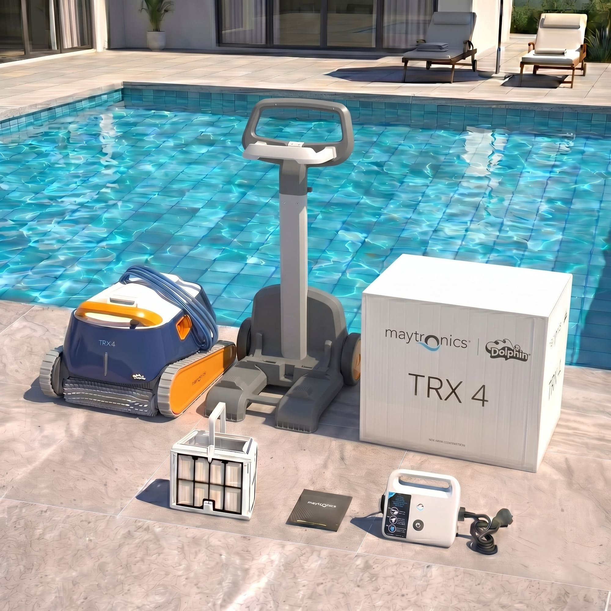 Un limpiador de piscinas, su carrito, caja de filtro y caja blanca junto a una piscina.