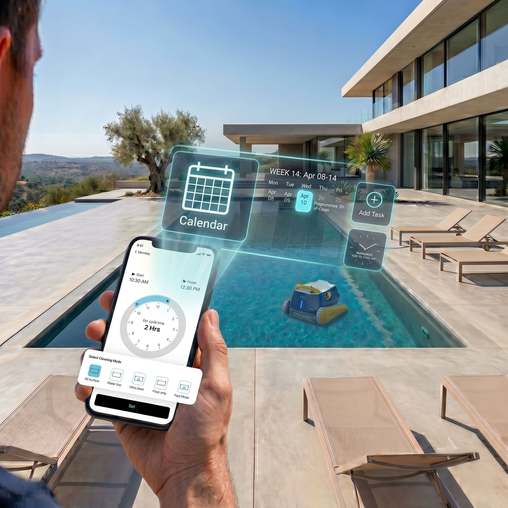 Hombre controla robot piscina por app. Se muestran calendario y tareas.