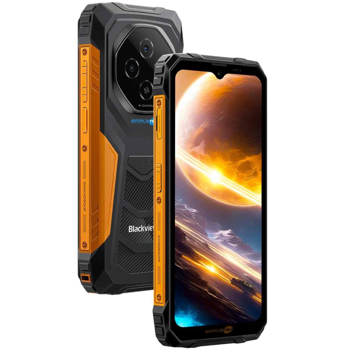 Due smartphone robusti, uno focalizzato sul retro, l'altro frontalmente.