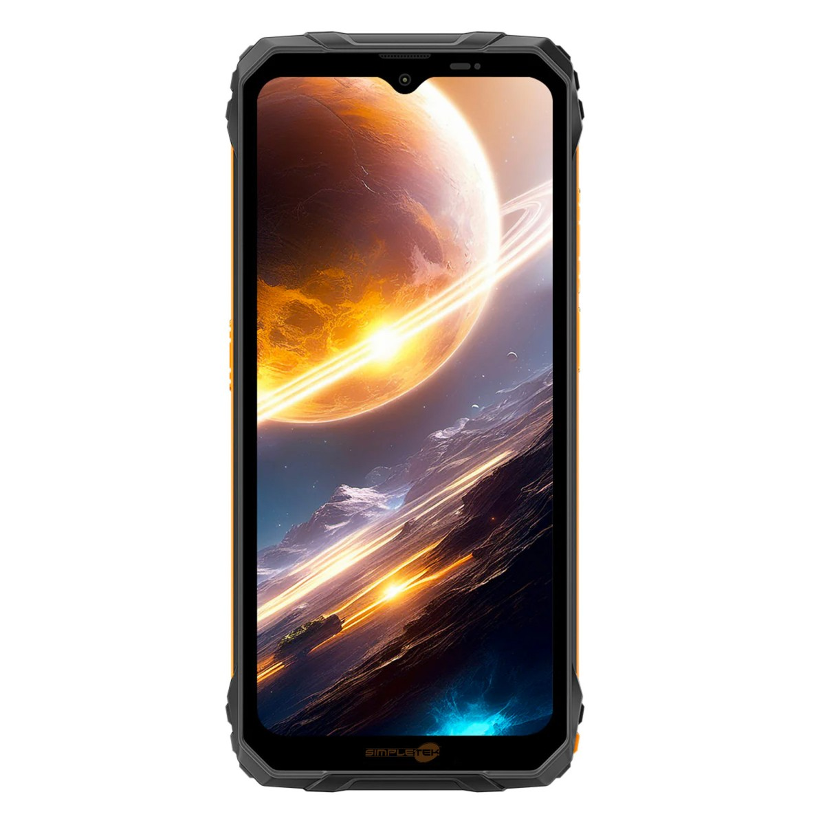 Smartphone robusto con sfondo spaziale: pianeta, anelli, montagne, energia.