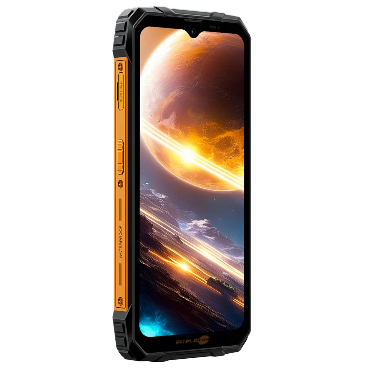 Smartphone robusto arancione e nero che visualizza un paesaggio alieno vibrante con un grande pianeta.