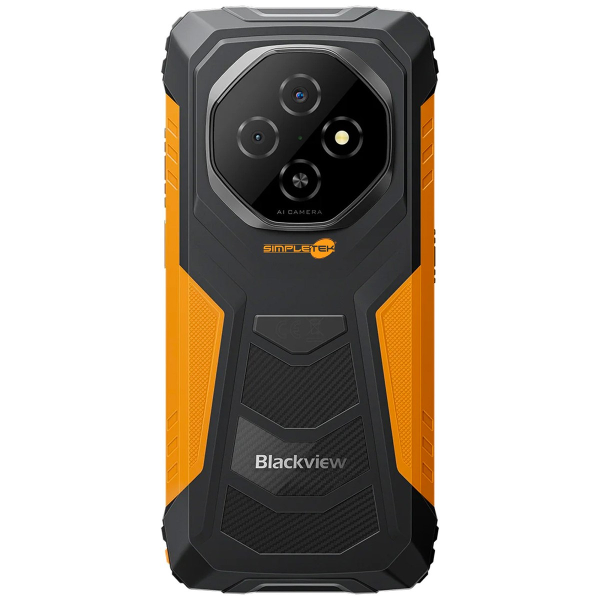Smartphone robusto con scocca nera e arancione e tre fotocamere.