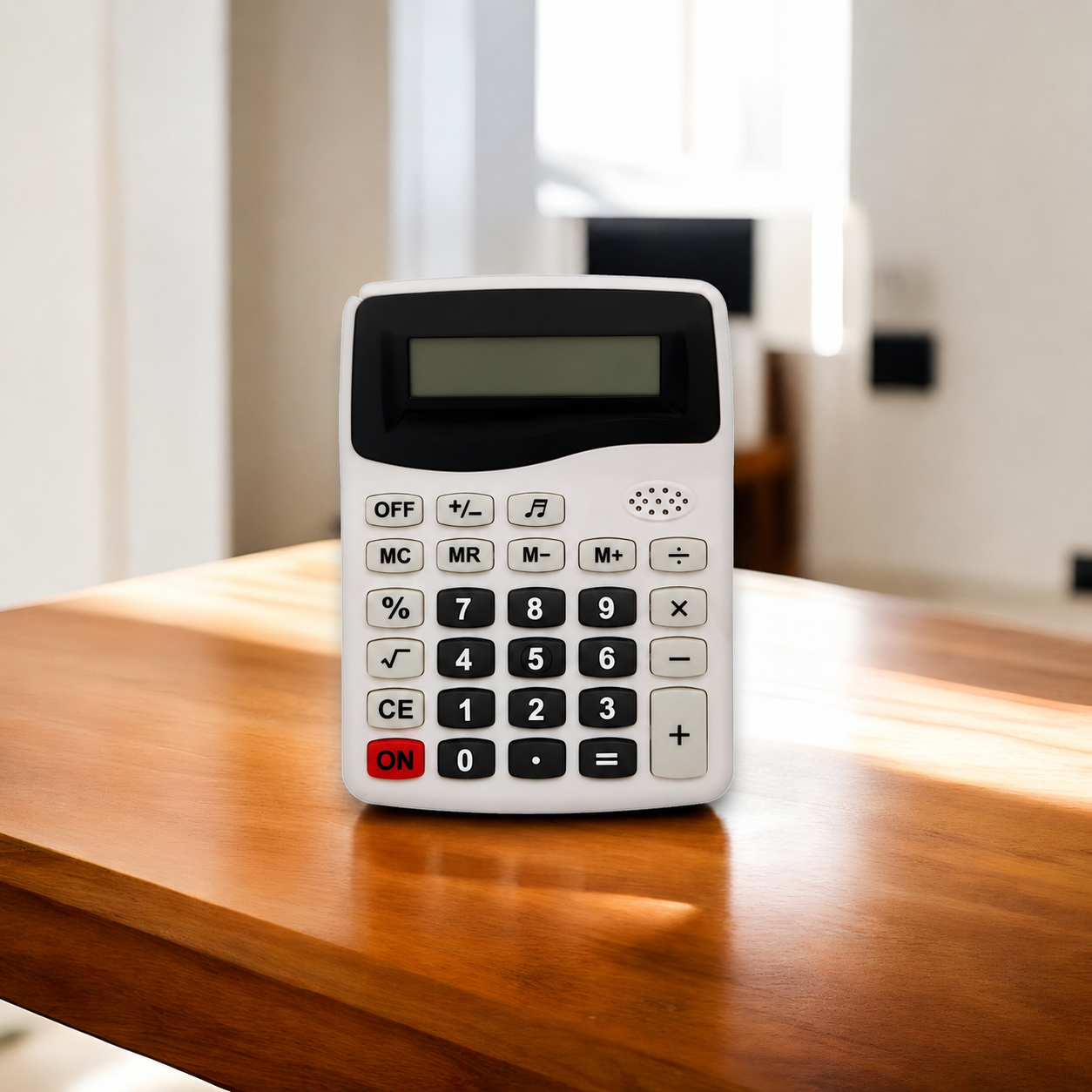 Una calculadora blanca con pantalla y botones sobre una mesa de madera.