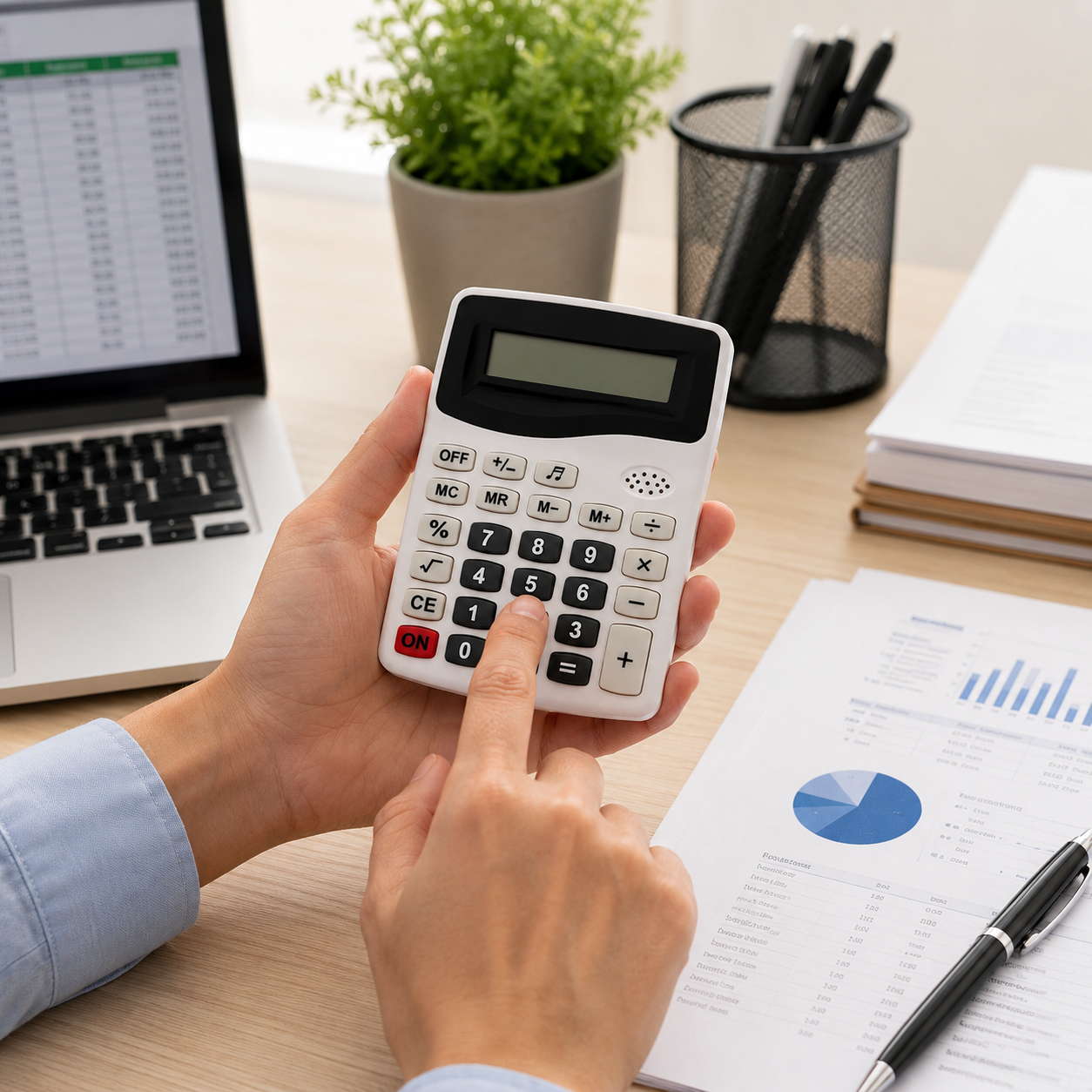 Una mano opera una calculadora blanca sobre un escritorio con una laptop e informes.