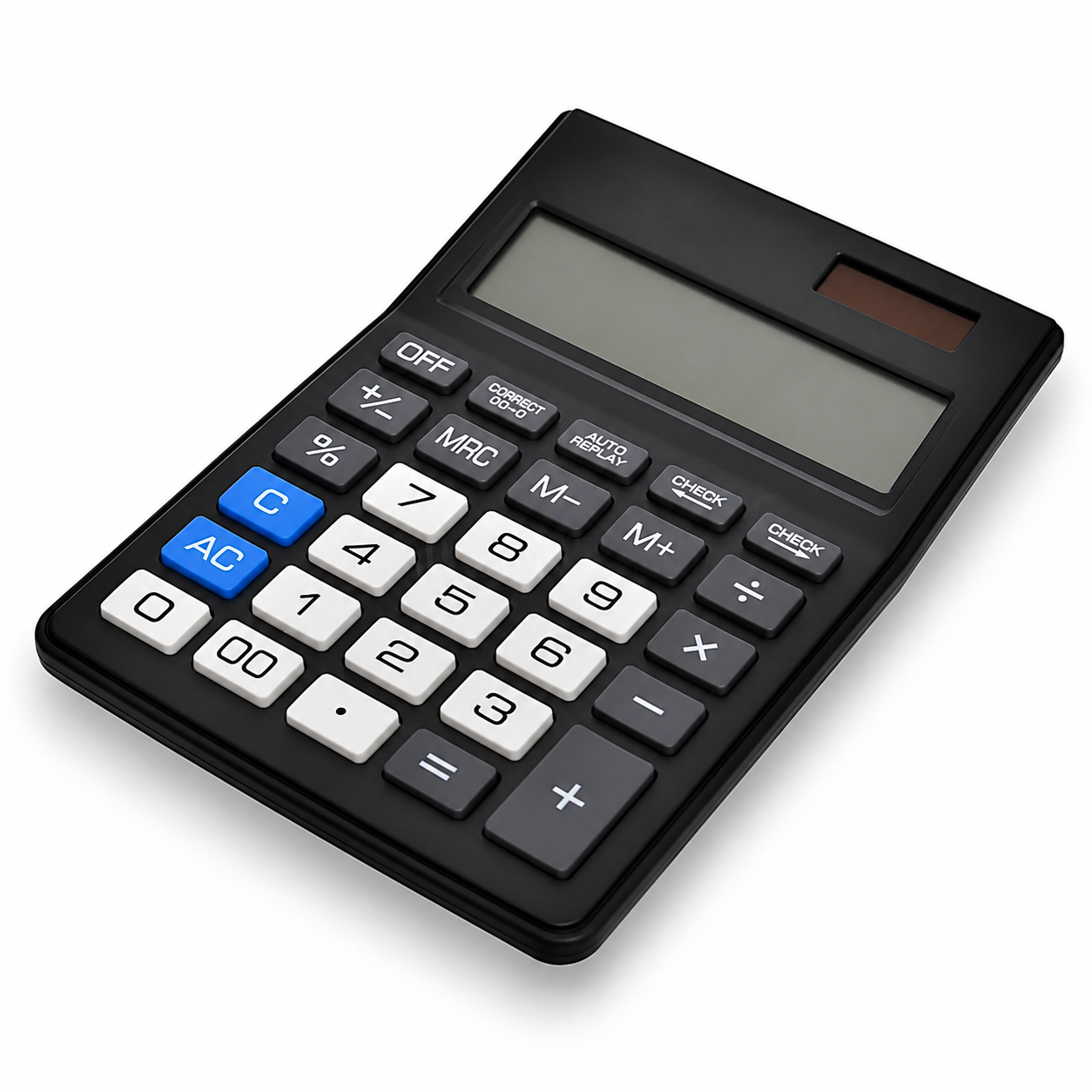 Una calculadora negra con botones blancos y azules y una pantalla gris.