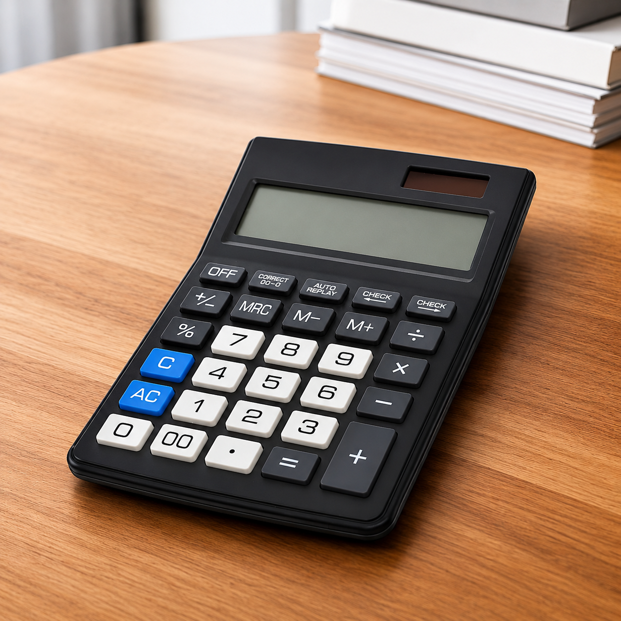 Una calculadora negra con botones grandes sobre una mesa de madera.