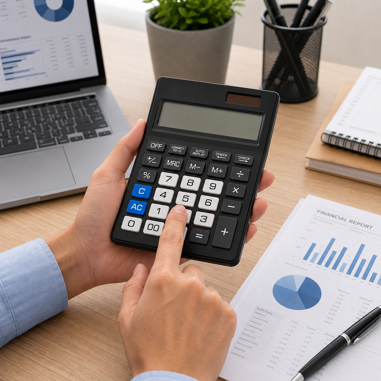 Manos de persona usando calculadora en escritorio con laptop e informe financiero.