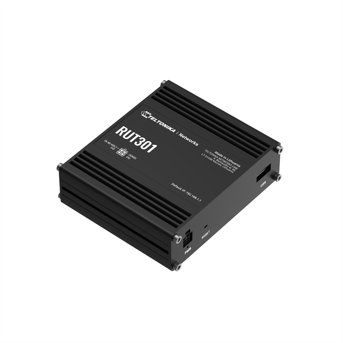 Router nero Teltonika RUT301 con porte ed etichette.