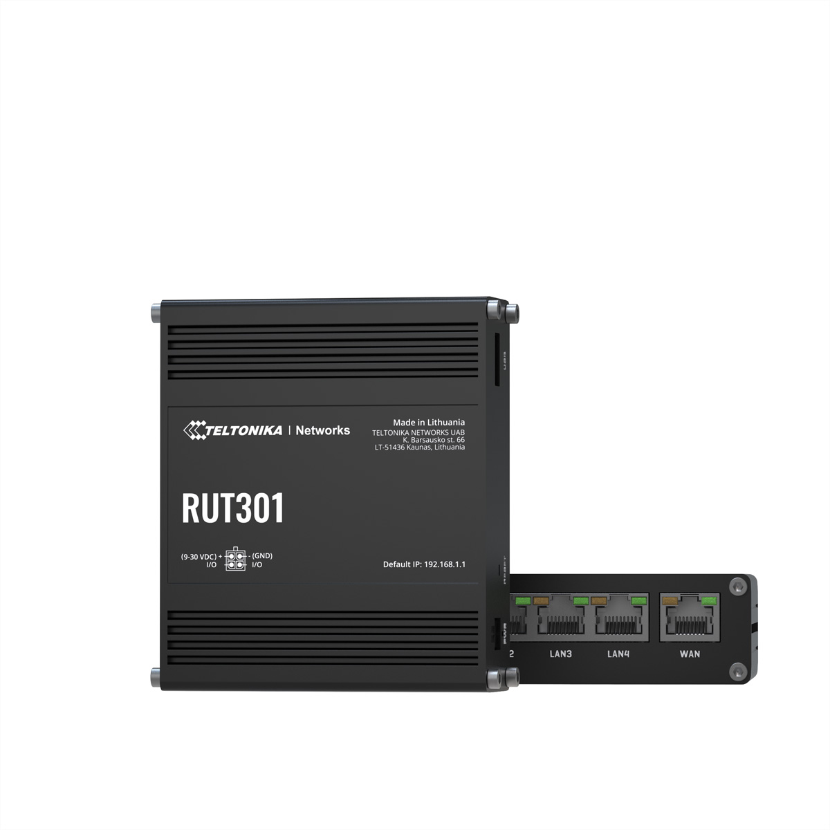 Router Teltonika RUT301 nero con tre porte LAN e una porta WAN.