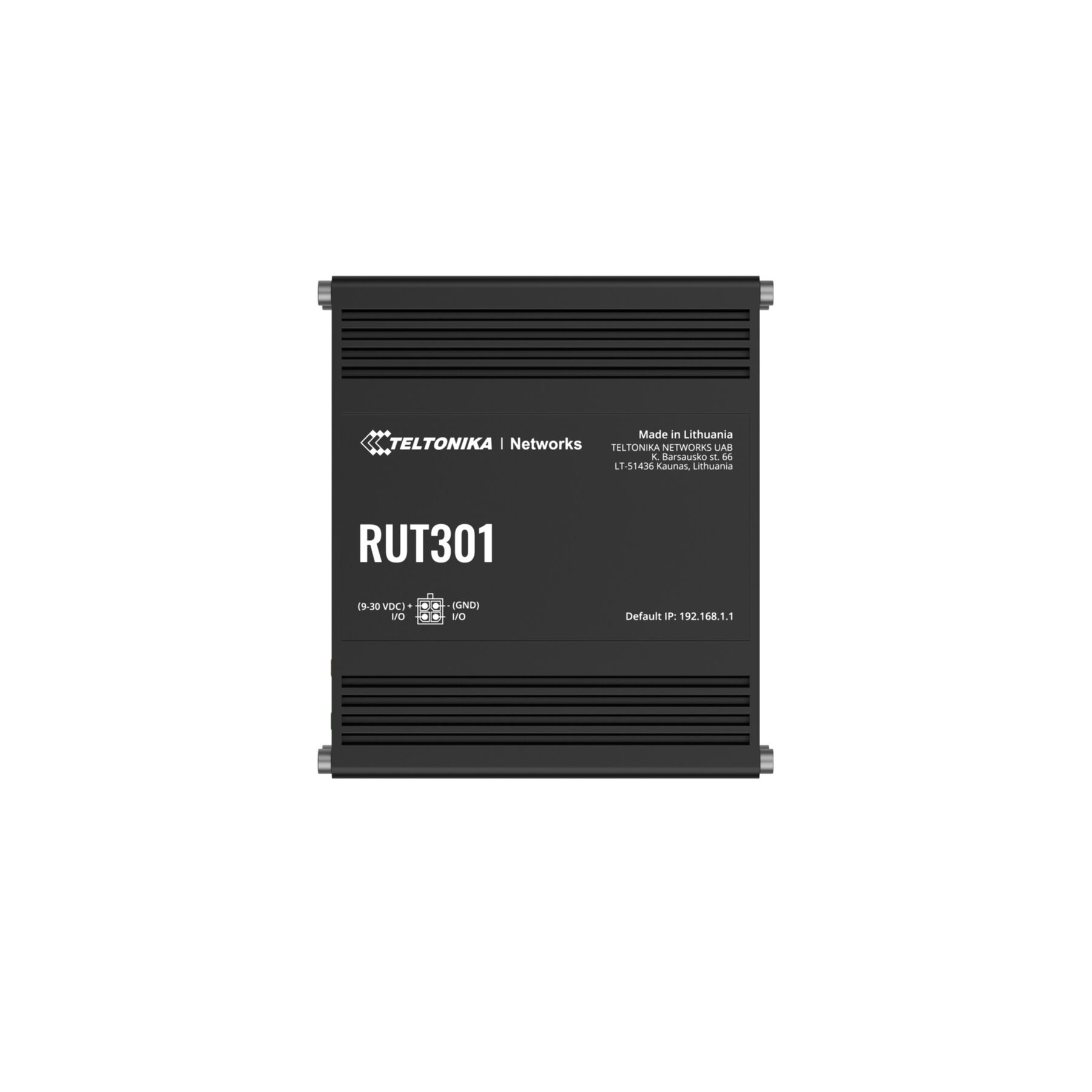 Router Teltonika RUT301 nero con porte e logo aziendale.