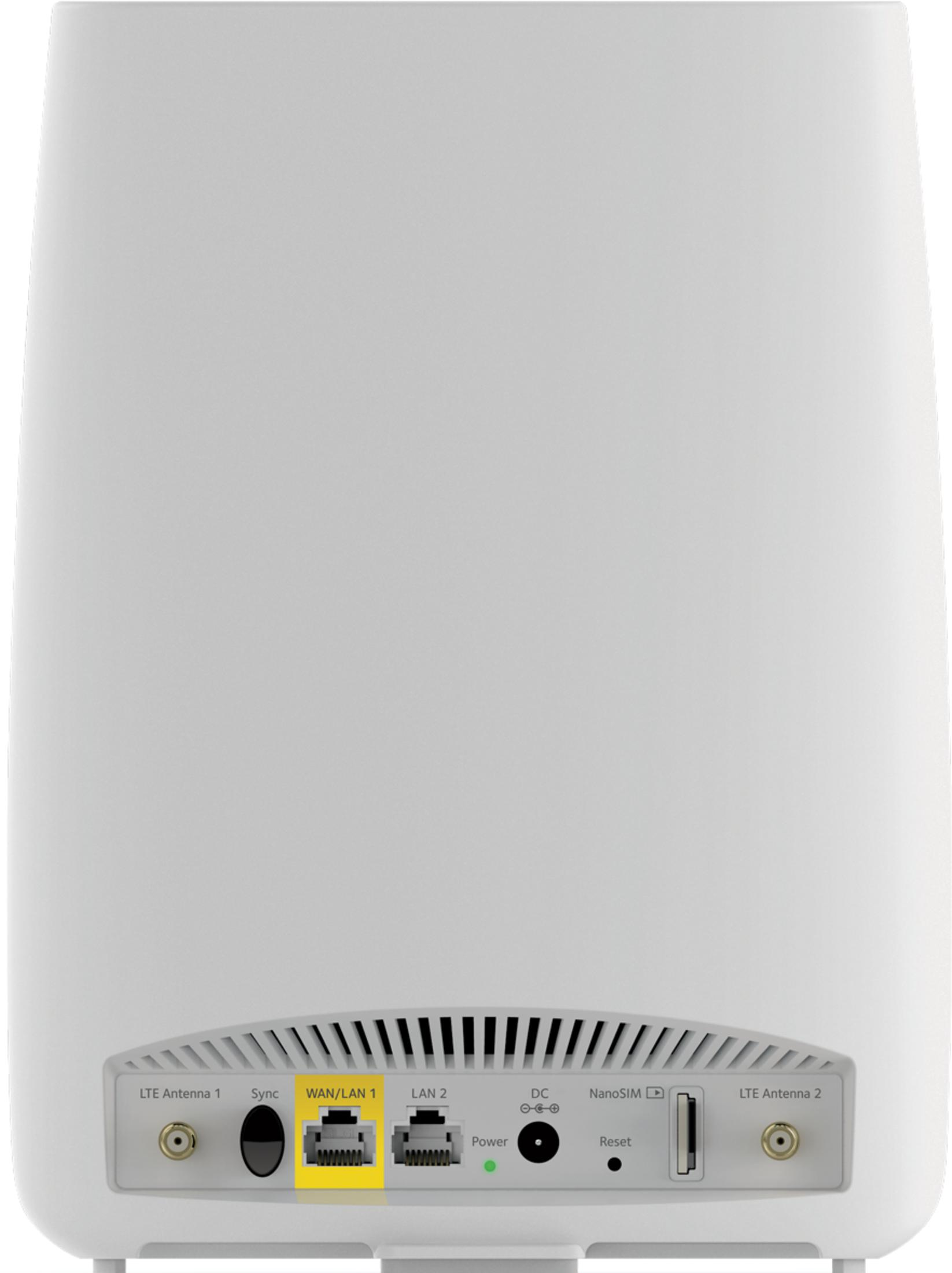Retro di un router bianco con porte: antenne LTE, Sync, WAN/LAN 1, LAN 2, Alimentazione, DC, Nano-SIM e Reset.